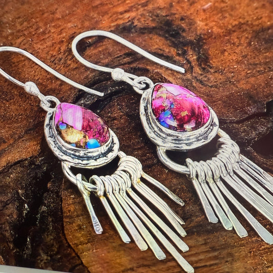 Kingman Pink Dahlia Turquoise Sterling Silver Dangle Earrings 2.7 Inch
