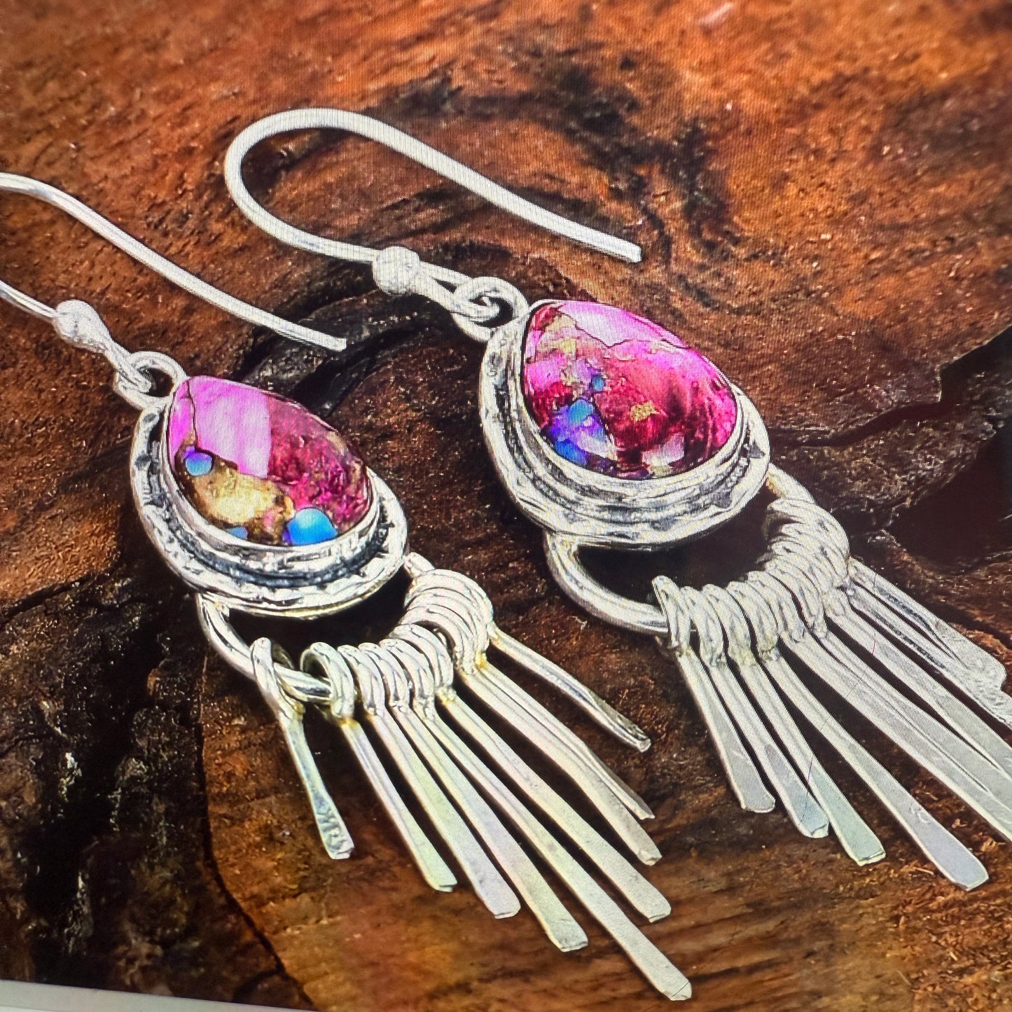 Kingman Pink Dahlia Turquoise Sterling Silver Dangle Earrings 2.7 Inch