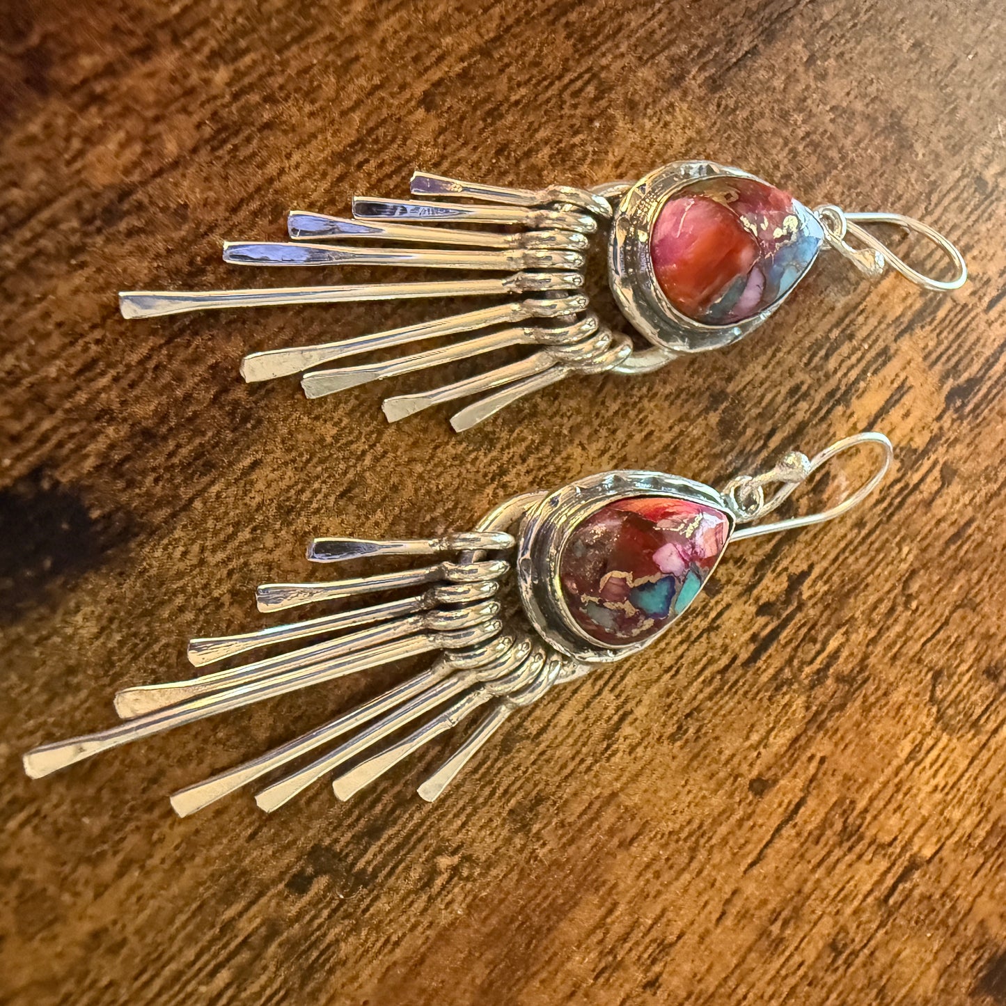 Kingman Pink Dahlia Turquoise Sterling Silver Dangle Earrings 2.7 Inch