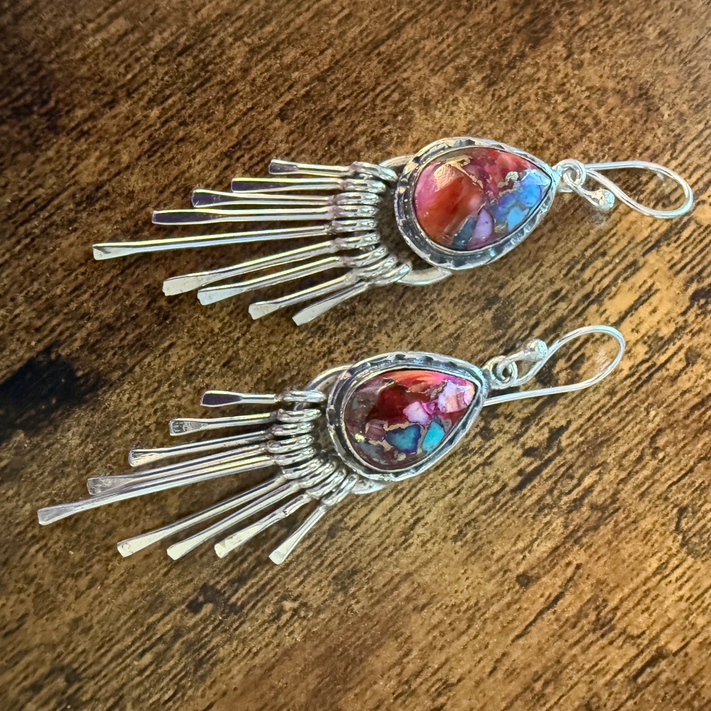 Kingman Pink Dahlia Turquoise Sterling Silver Dangle Earrings 2.7 Inch