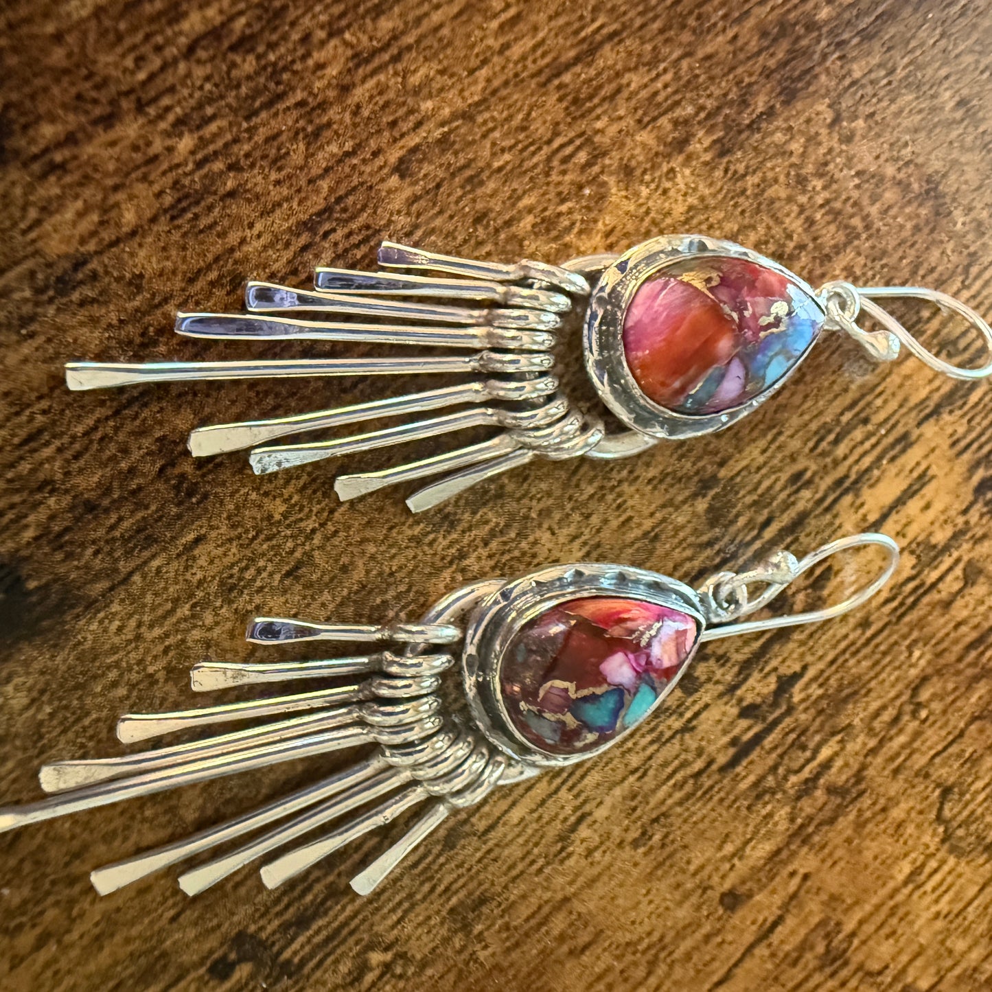 Kingman Pink Dahlia Turquoise Sterling Silver Dangle Earrings 2.7 Inch