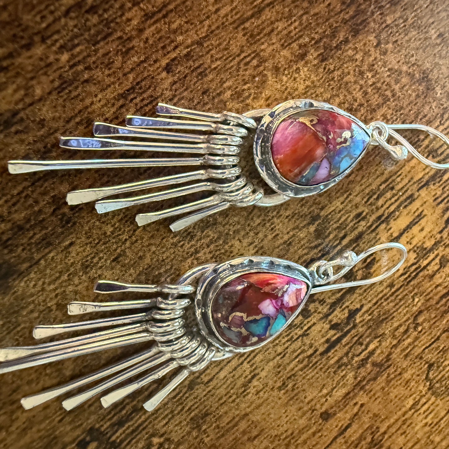 Kingman Pink Dahlia Turquoise Sterling Silver Dangle Earrings 2.7 Inch