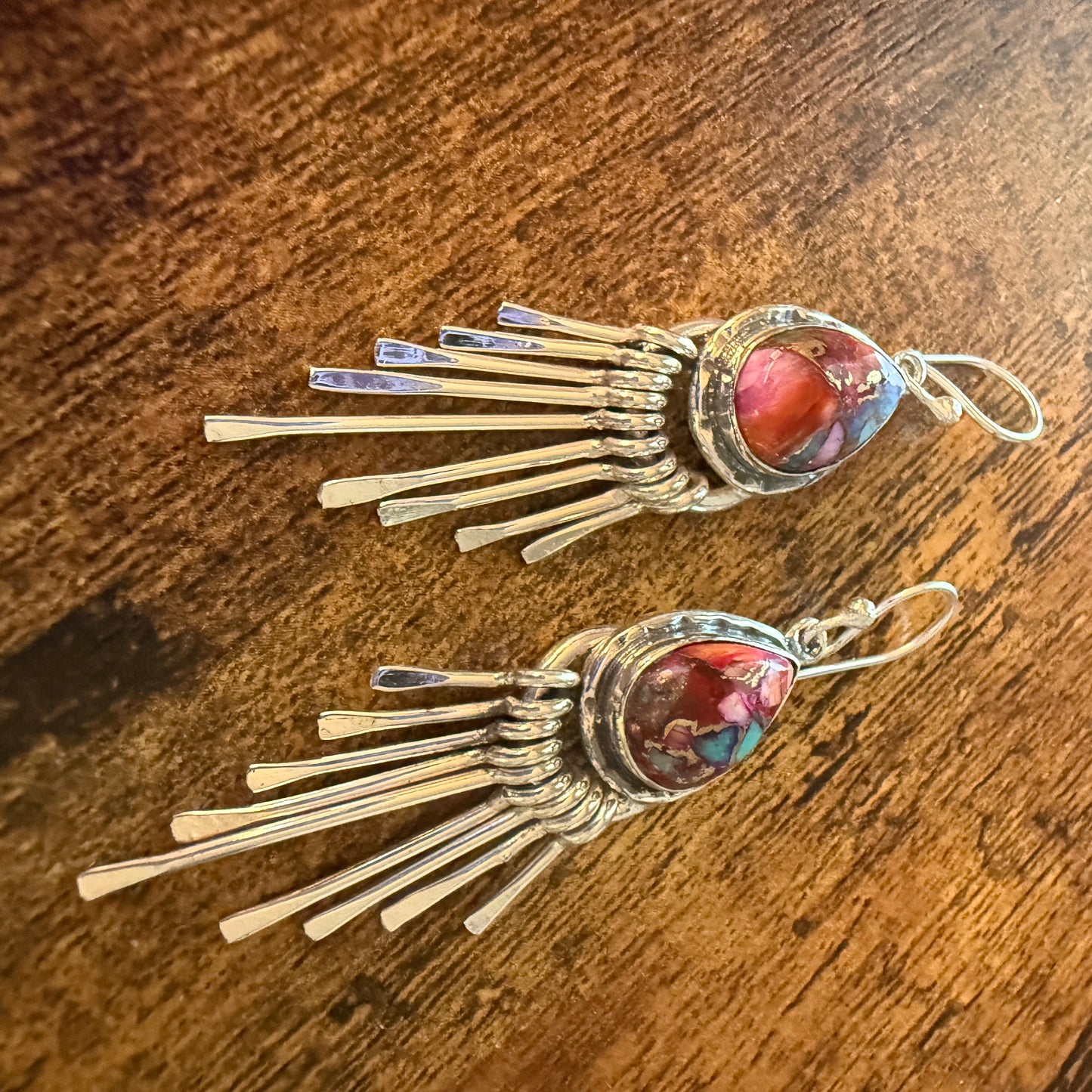 Kingman Pink Dahlia Turquoise Sterling Silver Dangle Earrings 2.7 Inch