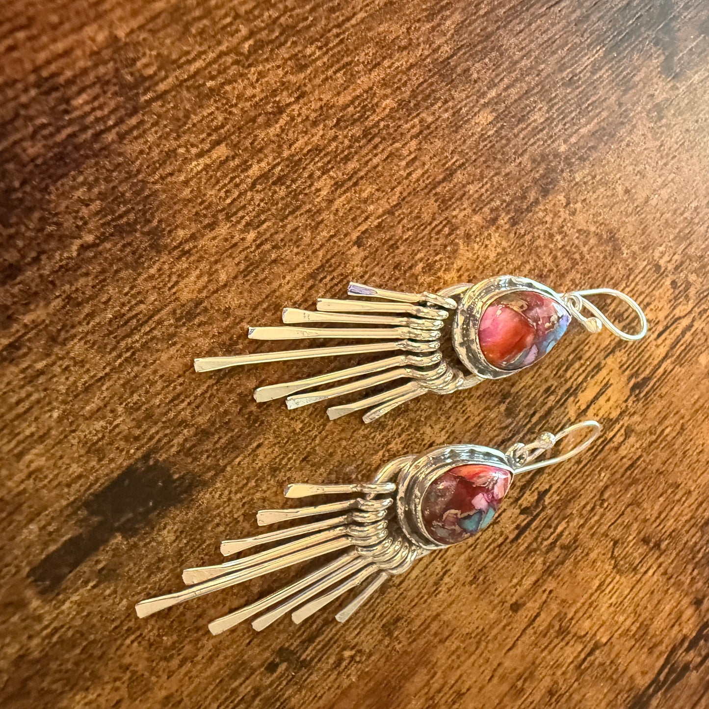 Kingman Pink Dahlia Turquoise Sterling Silver Dangle Earrings 2.7 Inch