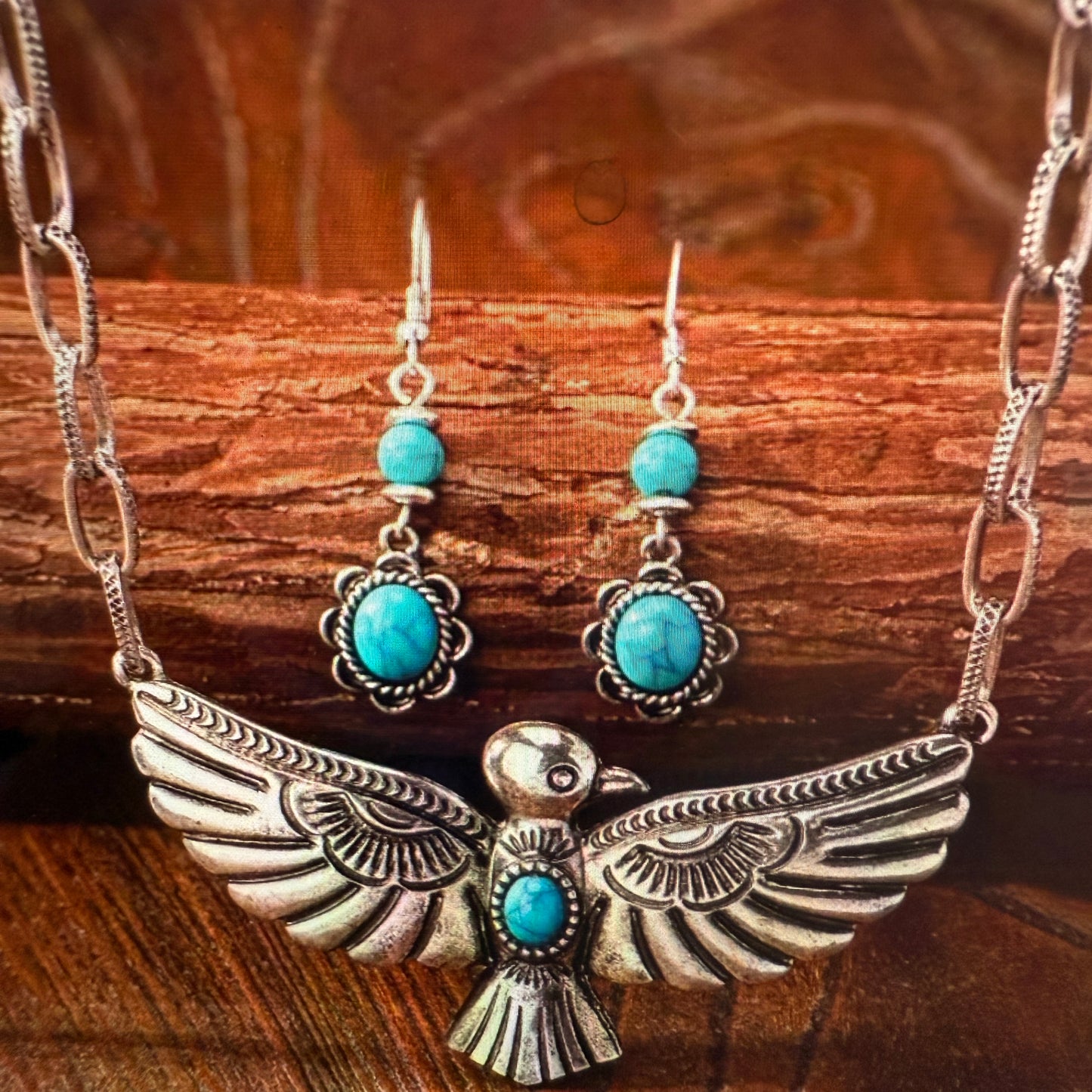 Handcrafted Thunderbird Necklace and Earrings Gift Set in Mixed Metals