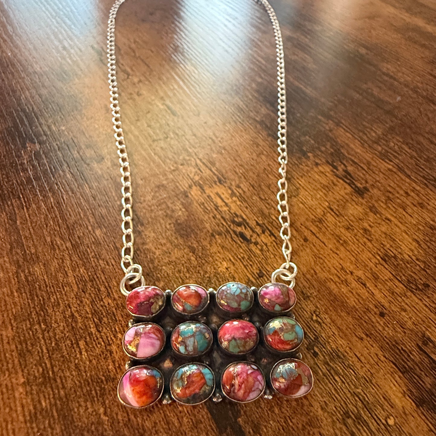 Pink Dahlia Spiny Oyster Gemstone Necklace 925 Sterling Silver Handmade