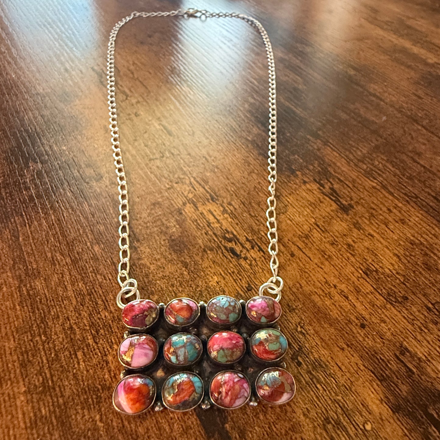 Pink Dahlia Spiny Oyster Gemstone Necklace 925 Sterling Silver Handmade