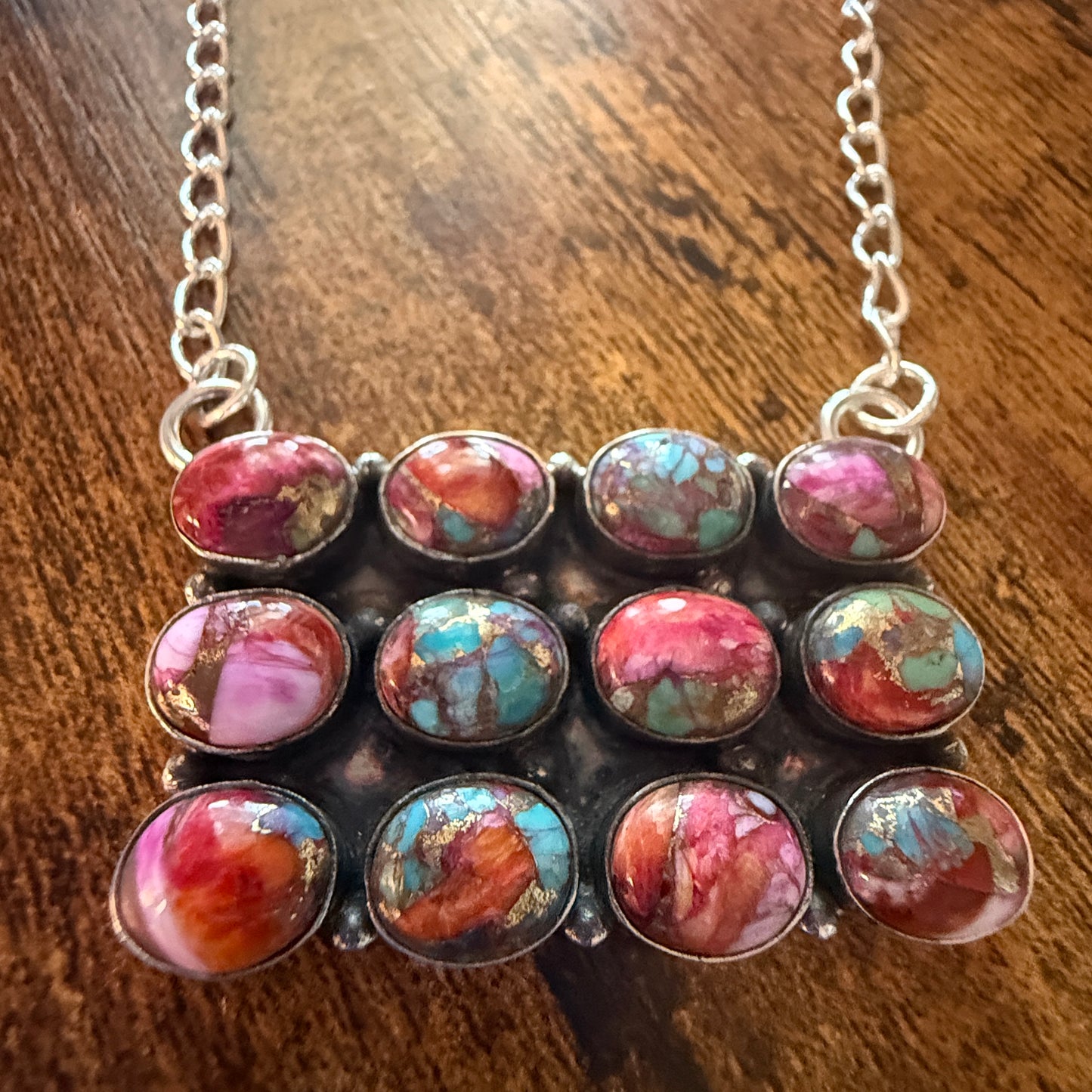 Pink Dahlia Spiny Oyster Gemstone Necklace 925 Sterling Silver Handmade