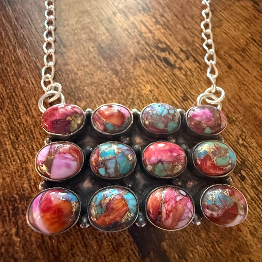 Pink Dahlia Spiny Oyster Gemstone Necklace 925 Sterling Silver Handmade