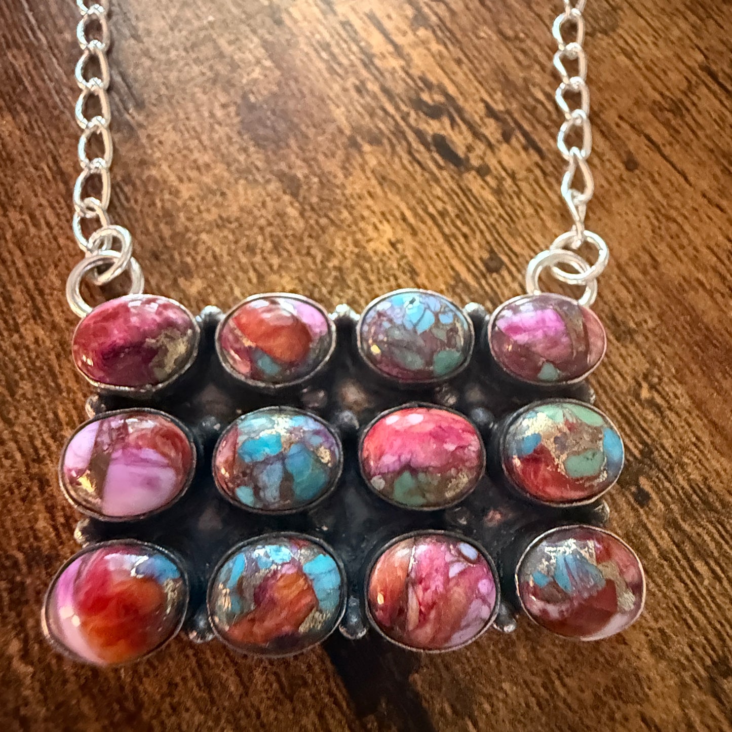 Pink Dahlia Spiny Oyster Gemstone Necklace 925 Sterling Silver Handmade