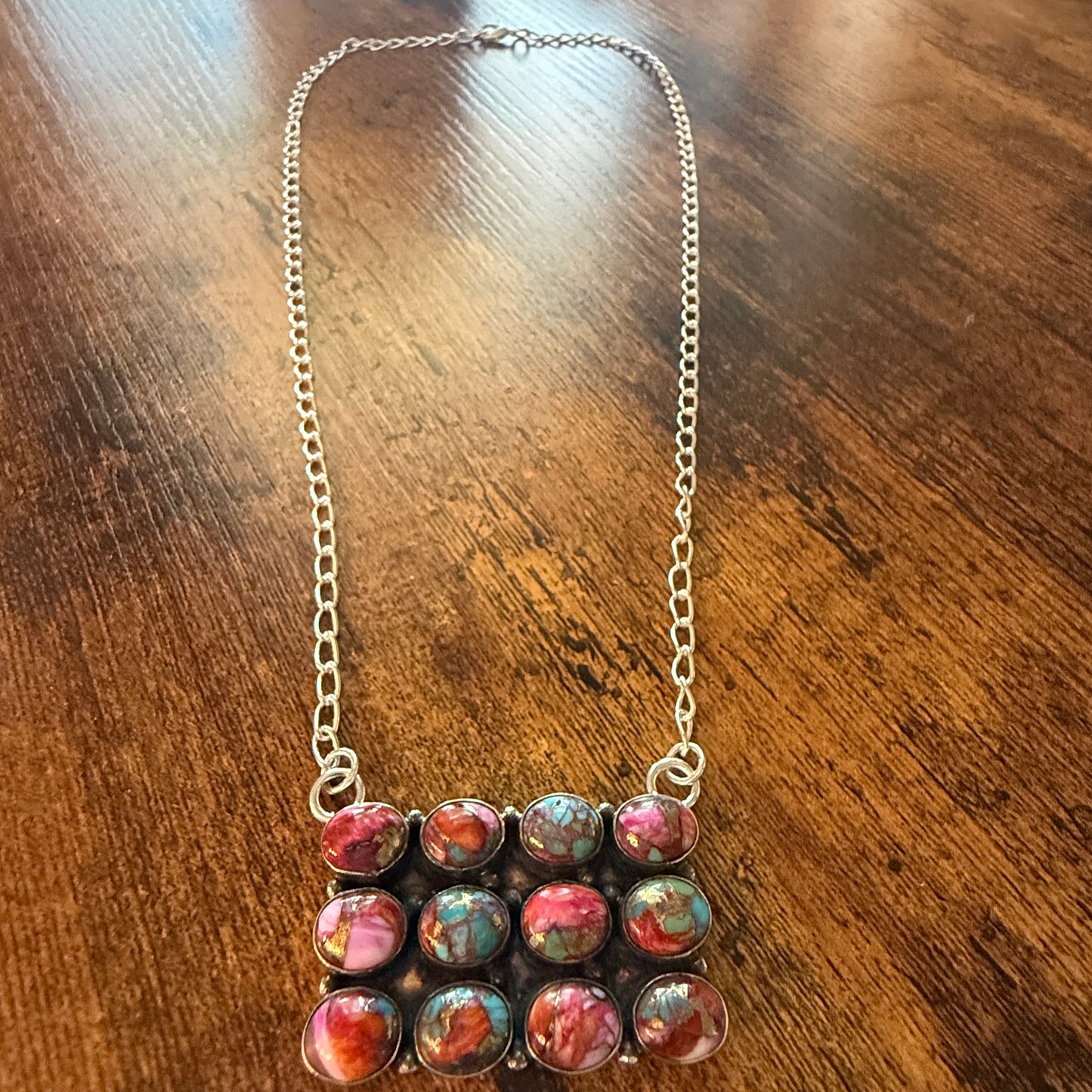 Pink Dahlia Spiny Oyster Gemstone Necklace 925 Sterling Silver Handmade