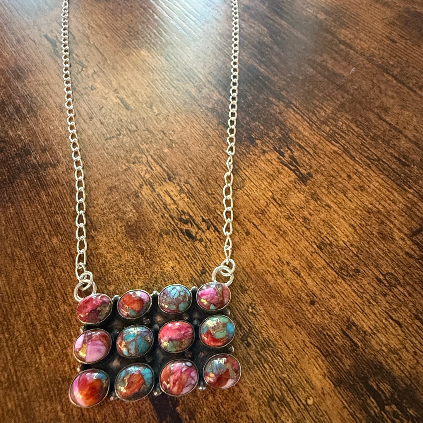 Pink Dahlia Spiny Oyster Gemstone Necklace 925 Sterling Silver Handmade