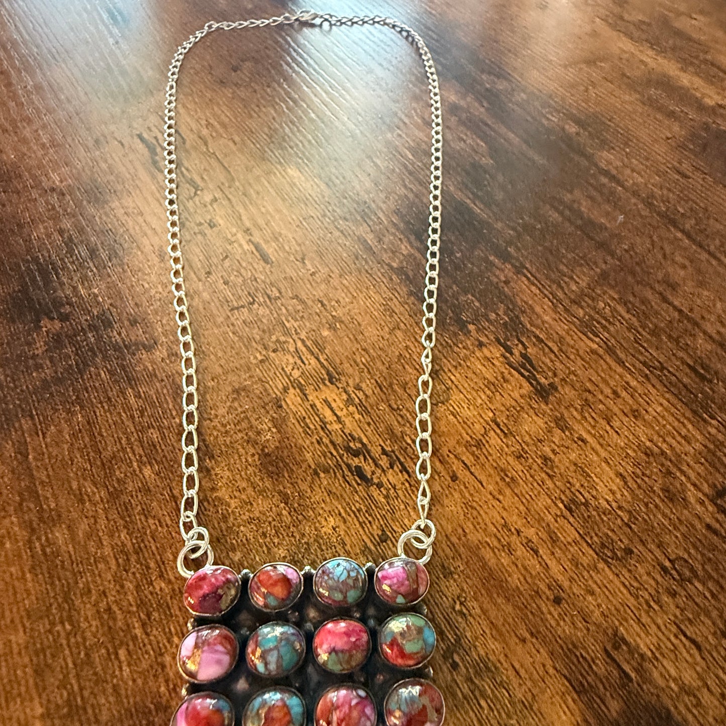 Pink Dahlia Spiny Oyster Gemstone Necklace 925 Sterling Silver Handmade