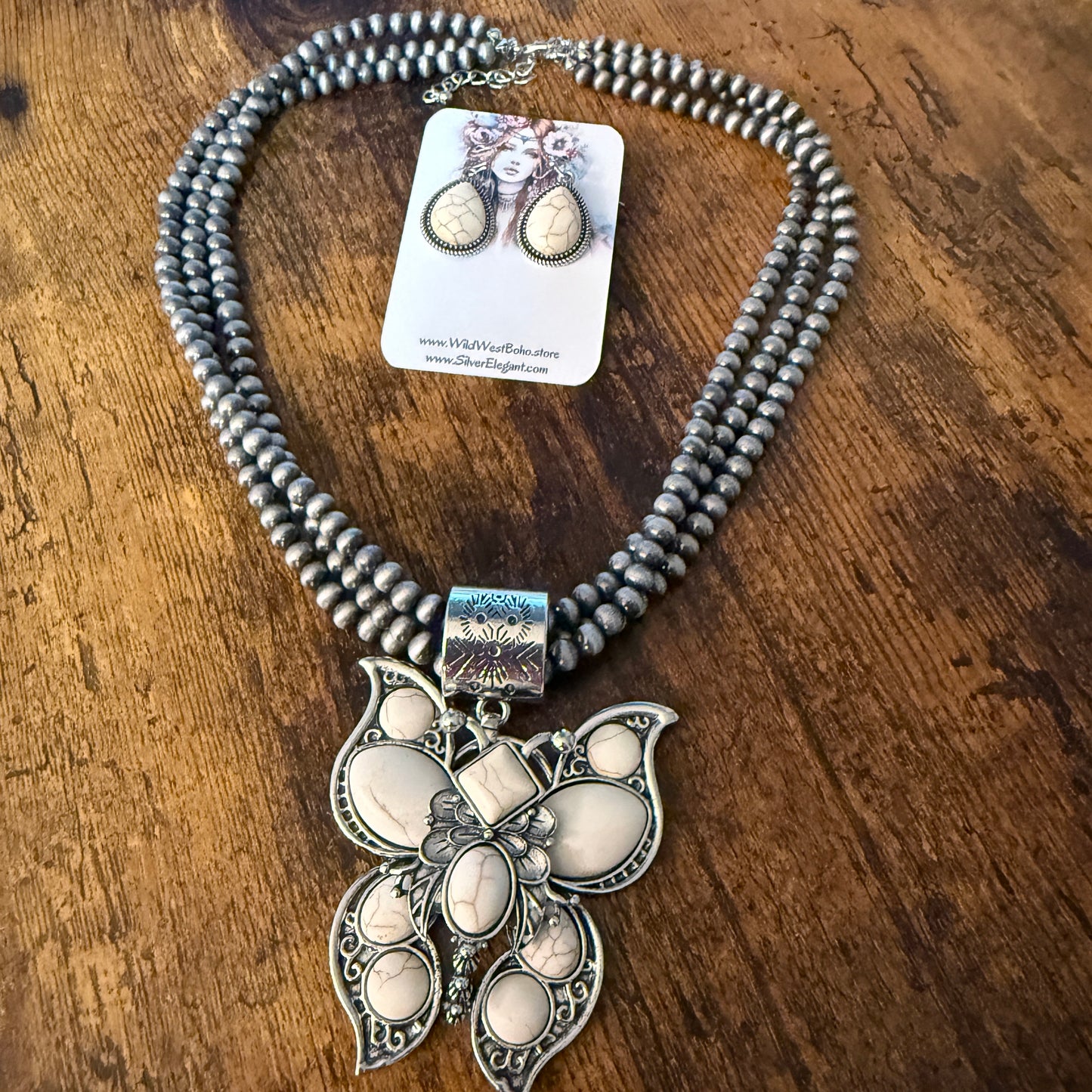 Handcrafted Three Strand Silver Pearl Butterfly Four Piece Jewelry Set