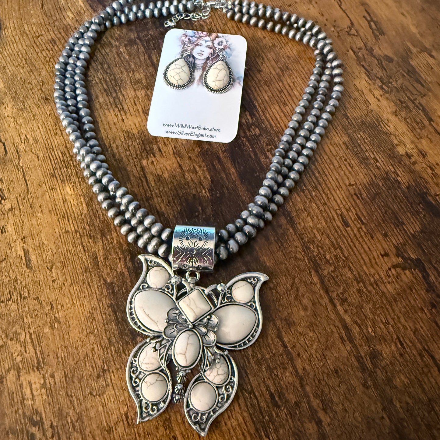 Handcrafted Three Strand Silver Pearl Butterfly Four Piece Jewelry Set