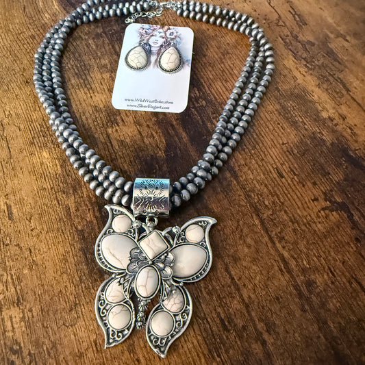 Handcrafted Three Strand Silver Pearl Butterfly Four Piece Jewelry Set