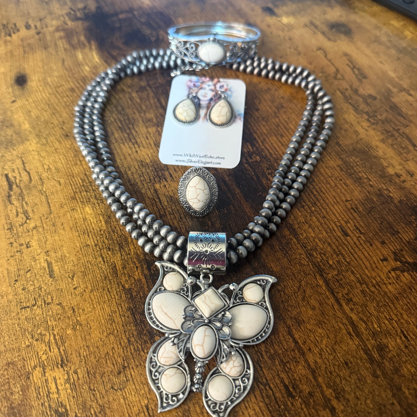 Handcrafted Three Strand Silver Pearl Butterfly Four Piece Jewelry Set