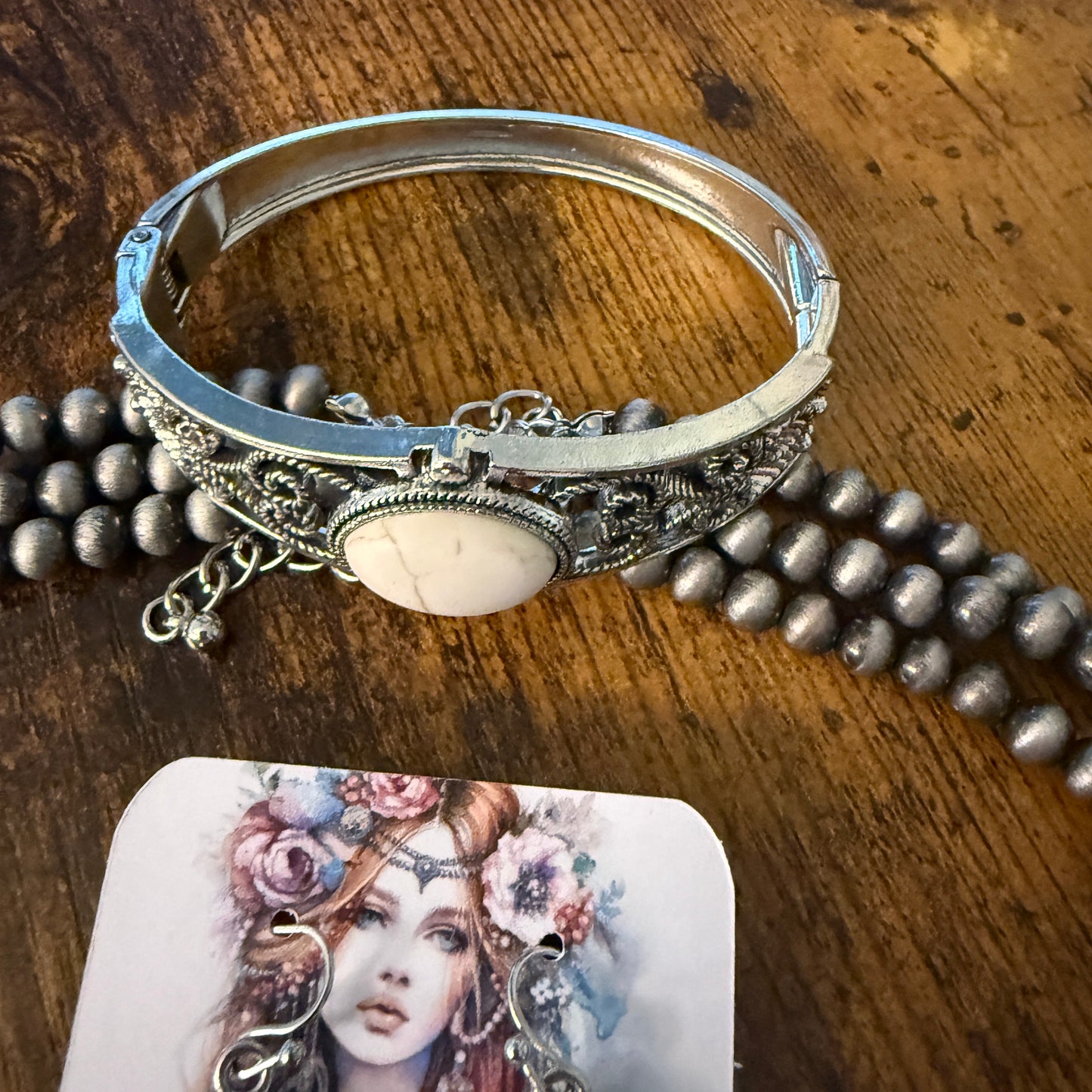 Handcrafted Three Strand Silver Pearl Butterfly Four Piece Jewelry Set