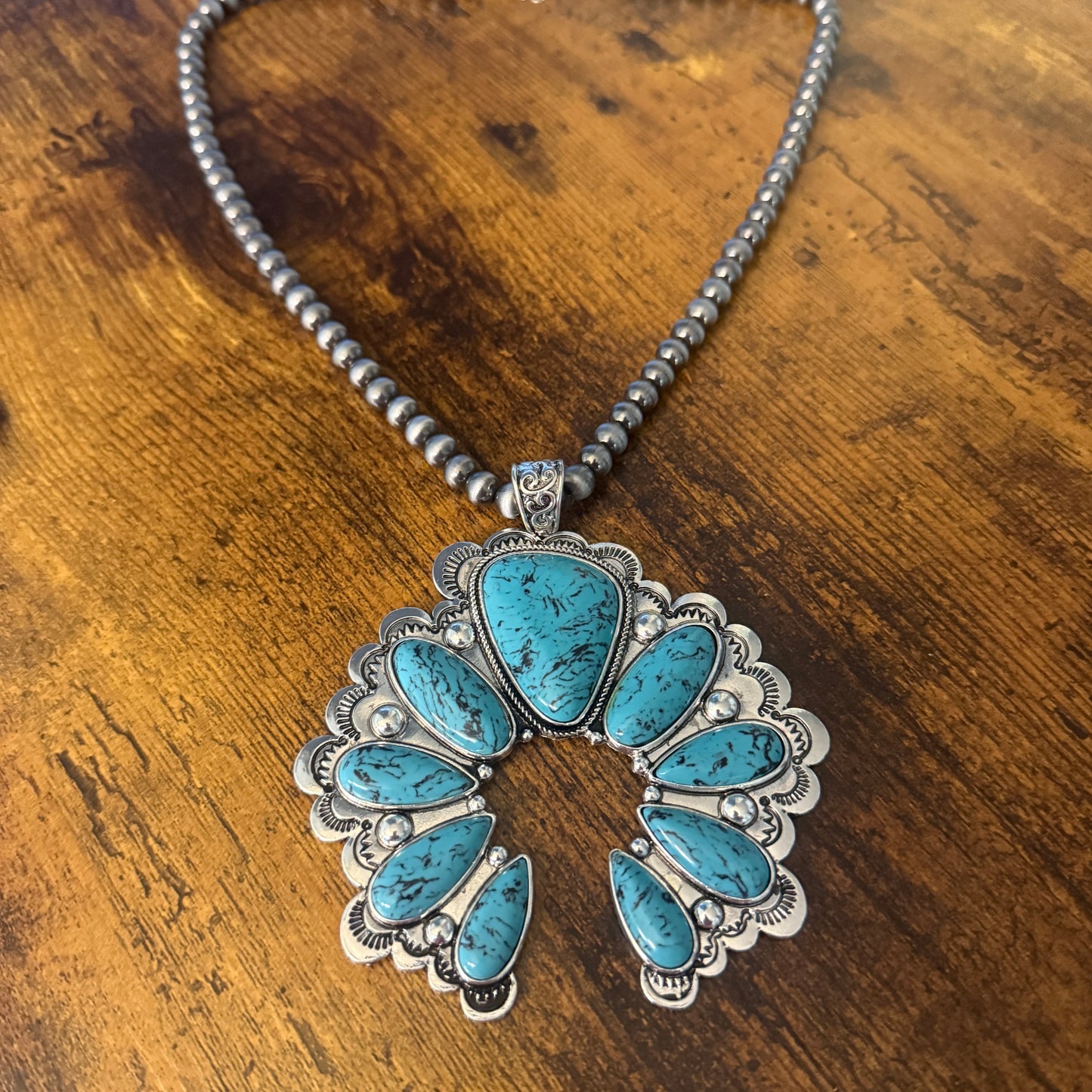 Turquoise Squash Pearl Necklace Mixed Metals 24 Inch Handcrafted