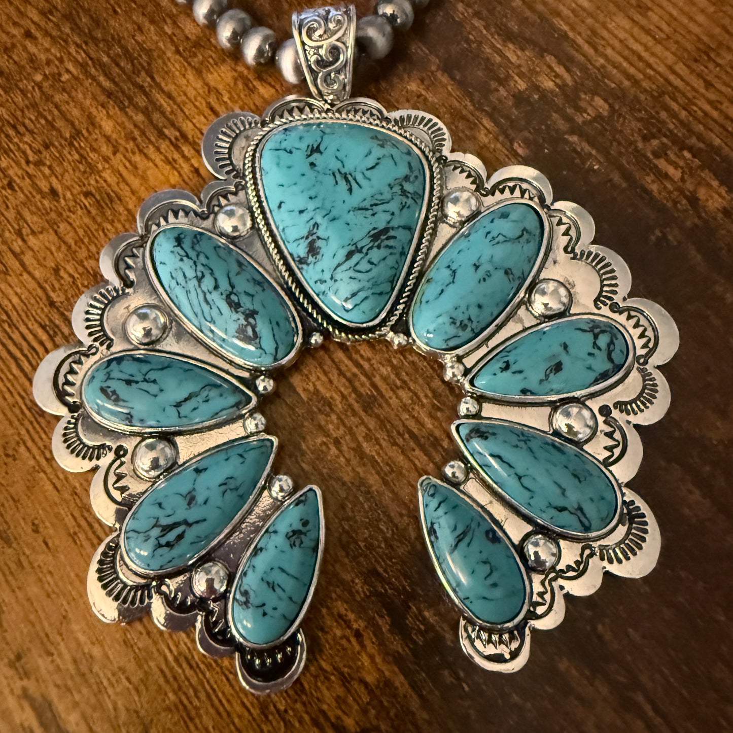 Turquoise Squash Pearl Necklace Mixed Metals 24 Inch Handcrafted