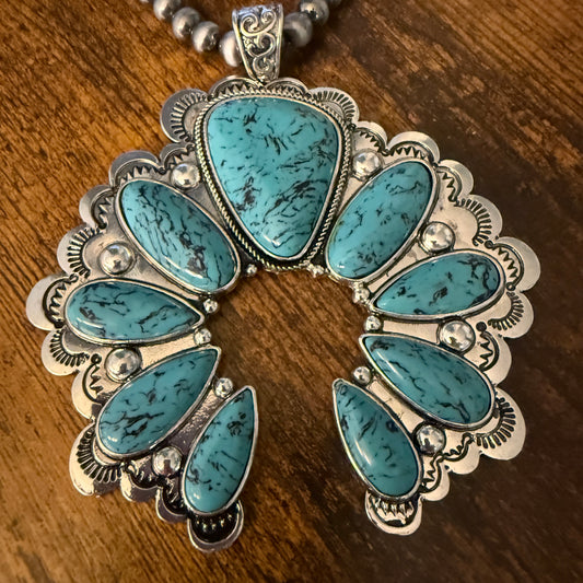 Turquoise Squash Pearl Necklace Mixed Metals 24 Inch Handcrafted