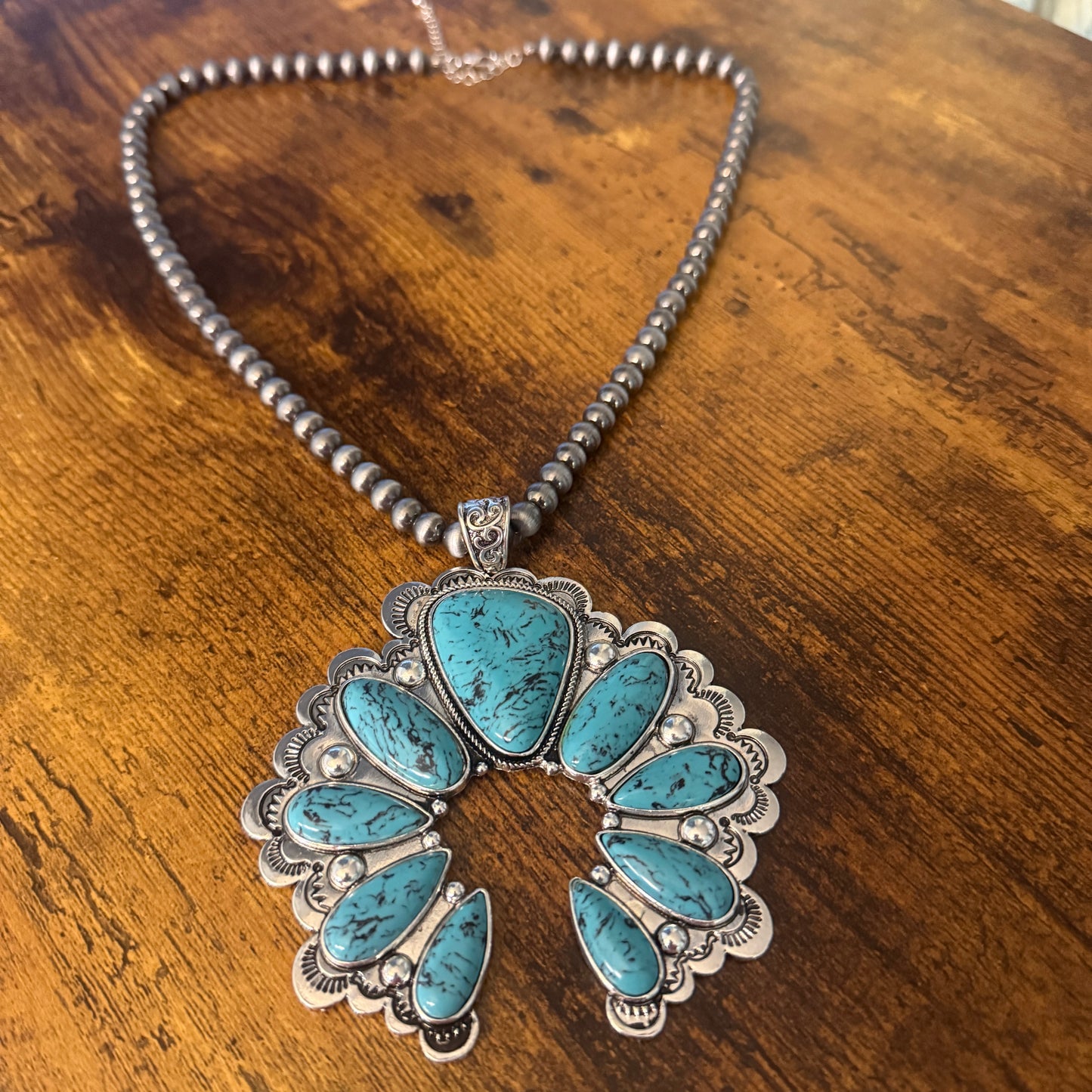 Turquoise Squash Pearl Necklace Mixed Metals 24 Inch Handcrafted