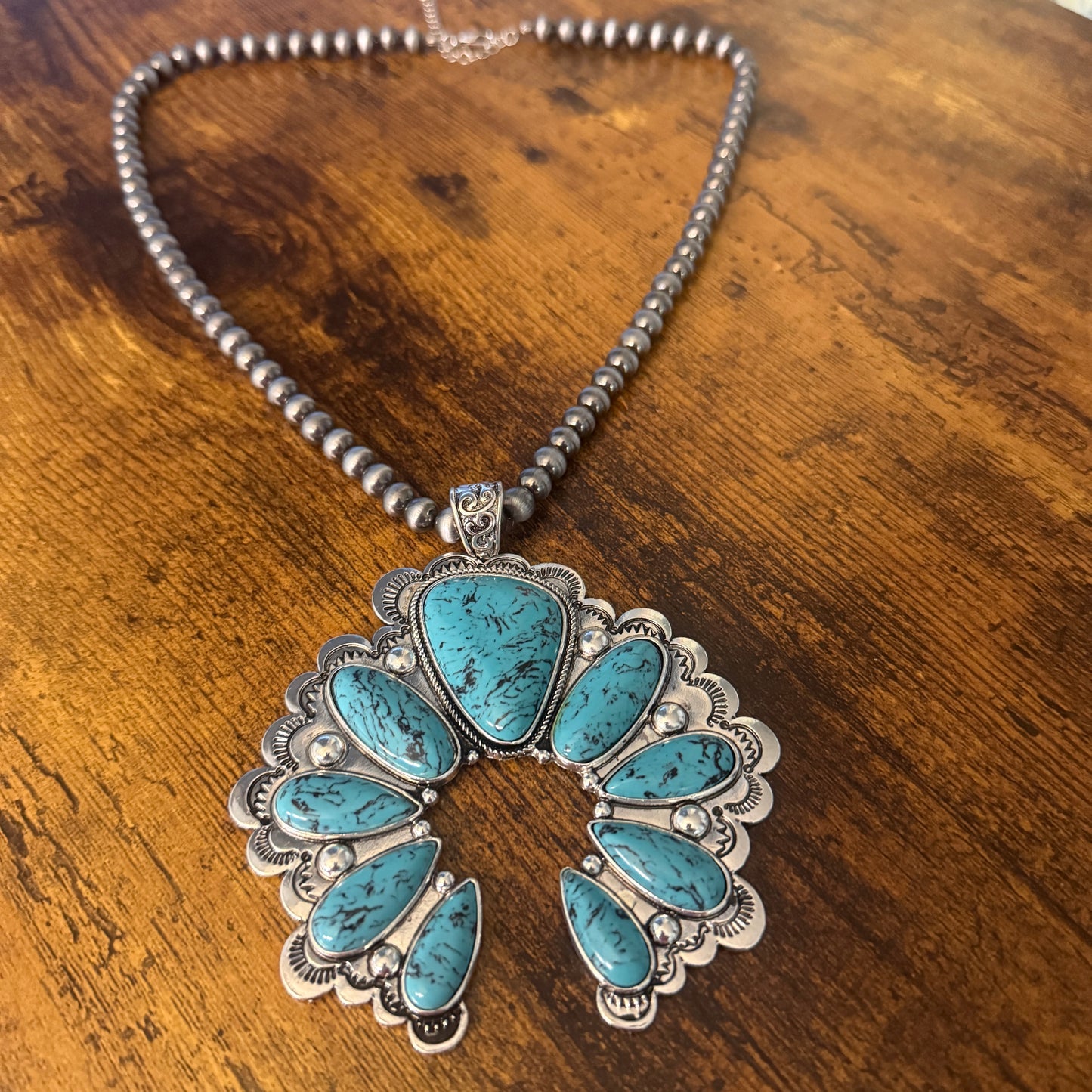 Turquoise Squash Pearl Necklace Mixed Metals 24 Inch Handcrafted