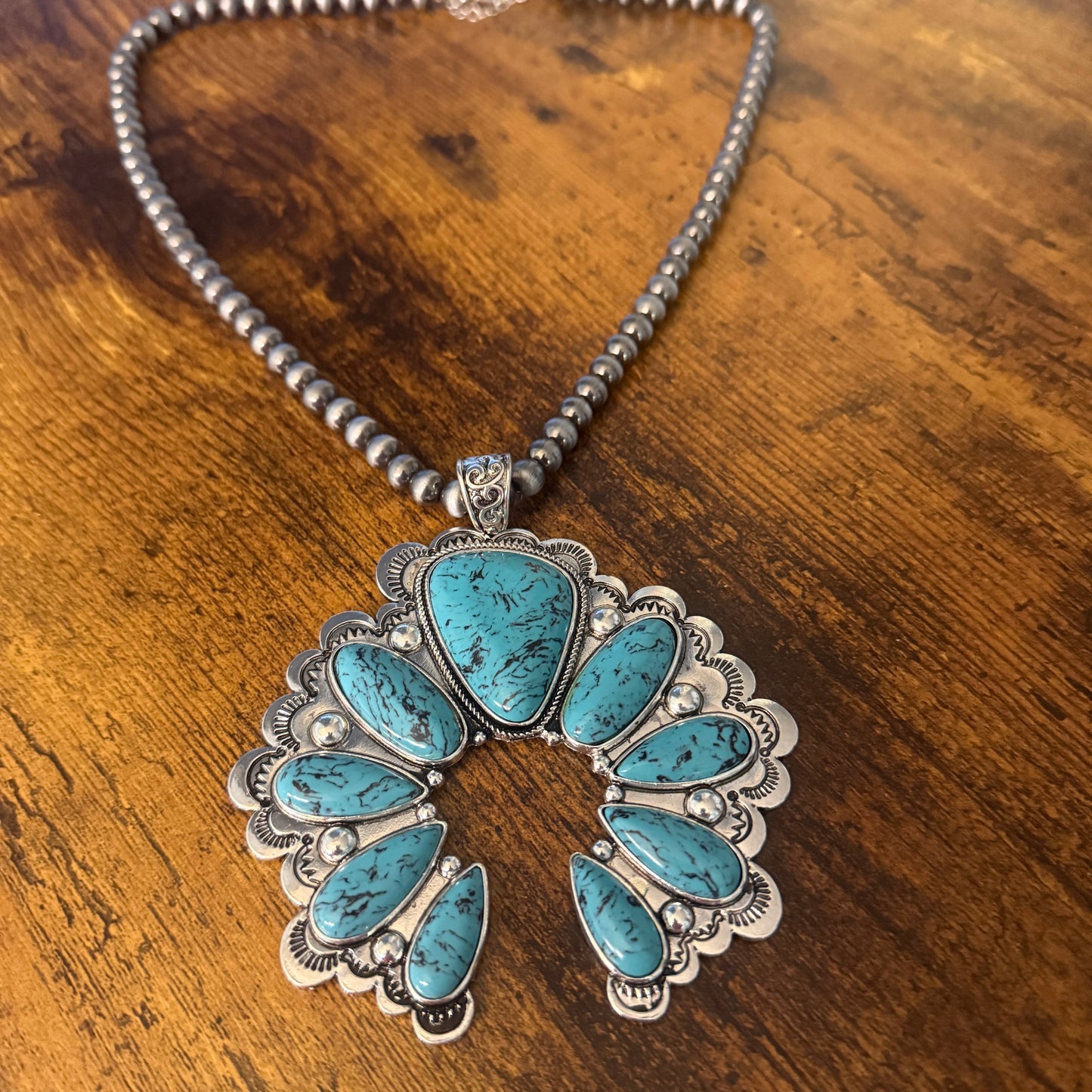 Turquoise Squash Pearl Necklace Mixed Metals 24 Inch Handcrafted