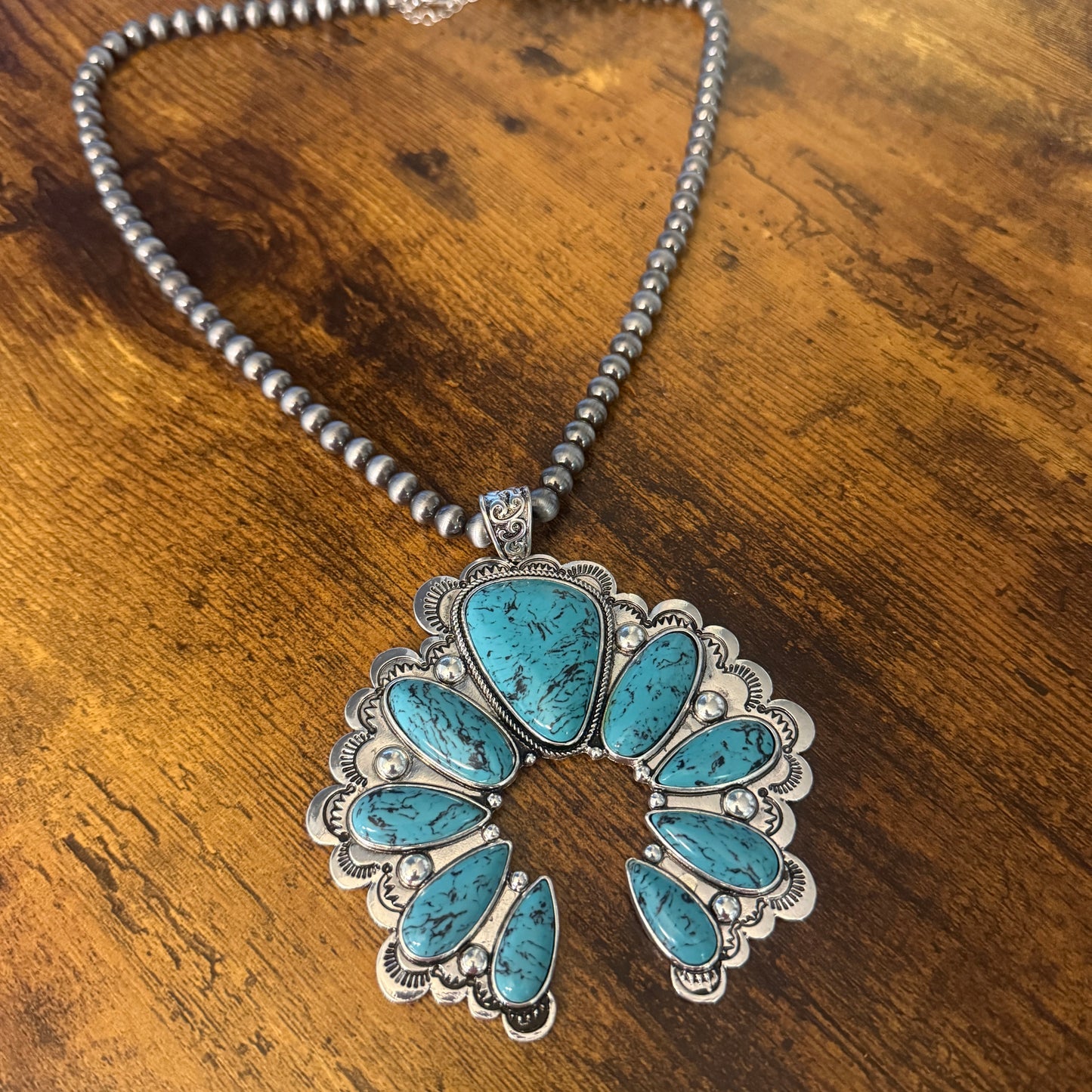 Turquoise Squash Pearl Necklace Mixed Metals 24 Inch Handcrafted