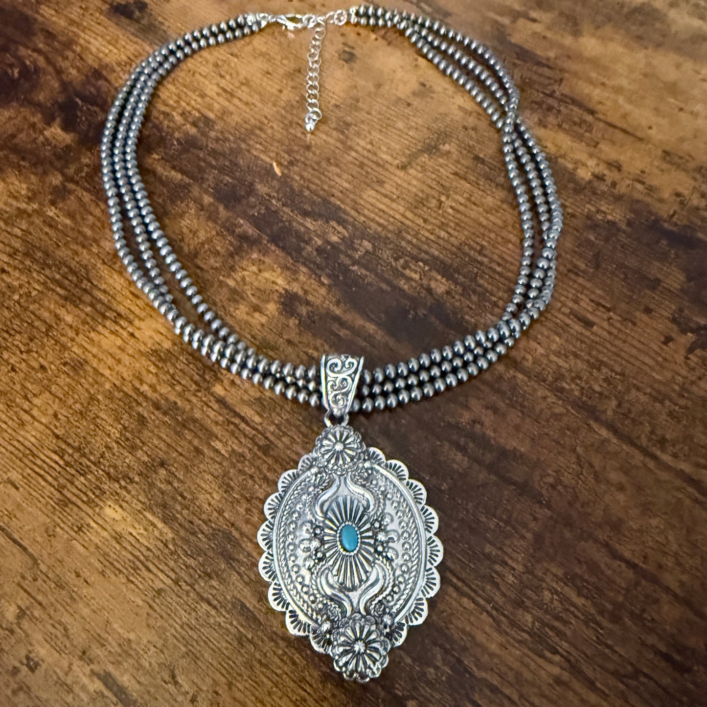 Handcrafted Three Strand 4mm Silver Pearl Choker Necklace With Turquoise Concho