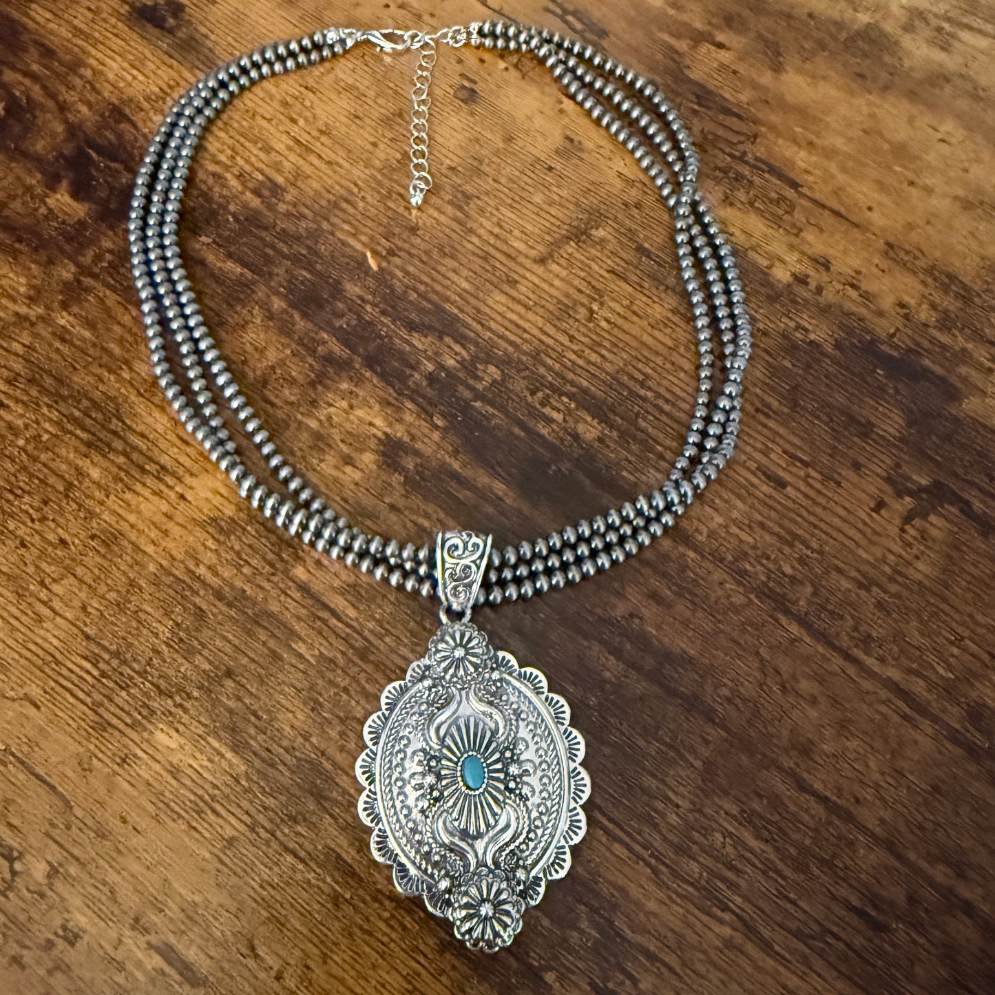 Handcrafted Three Strand 4mm Silver Pearl Choker Necklace With Turquoise Concho