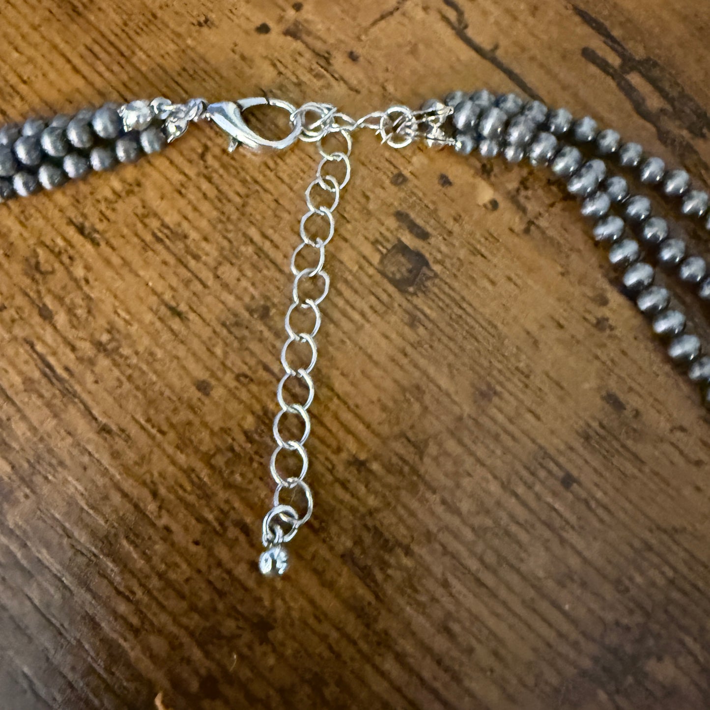 Handcrafted Three Strand 4mm Silver Pearl Choker Necklace With Turquoise Concho