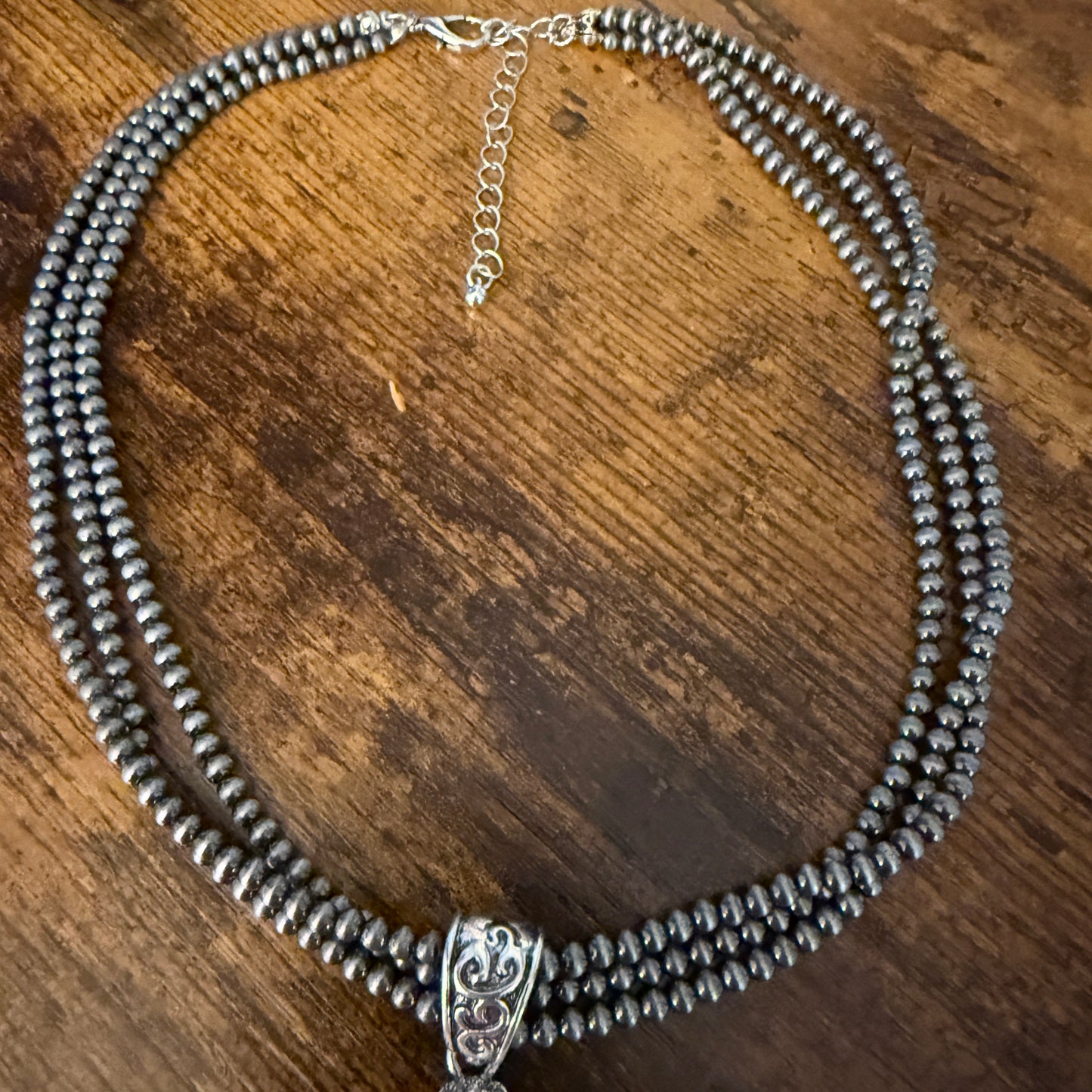 Handcrafted Three Strand 4mm Silver Pearl Choker Necklace With Turquoise Concho