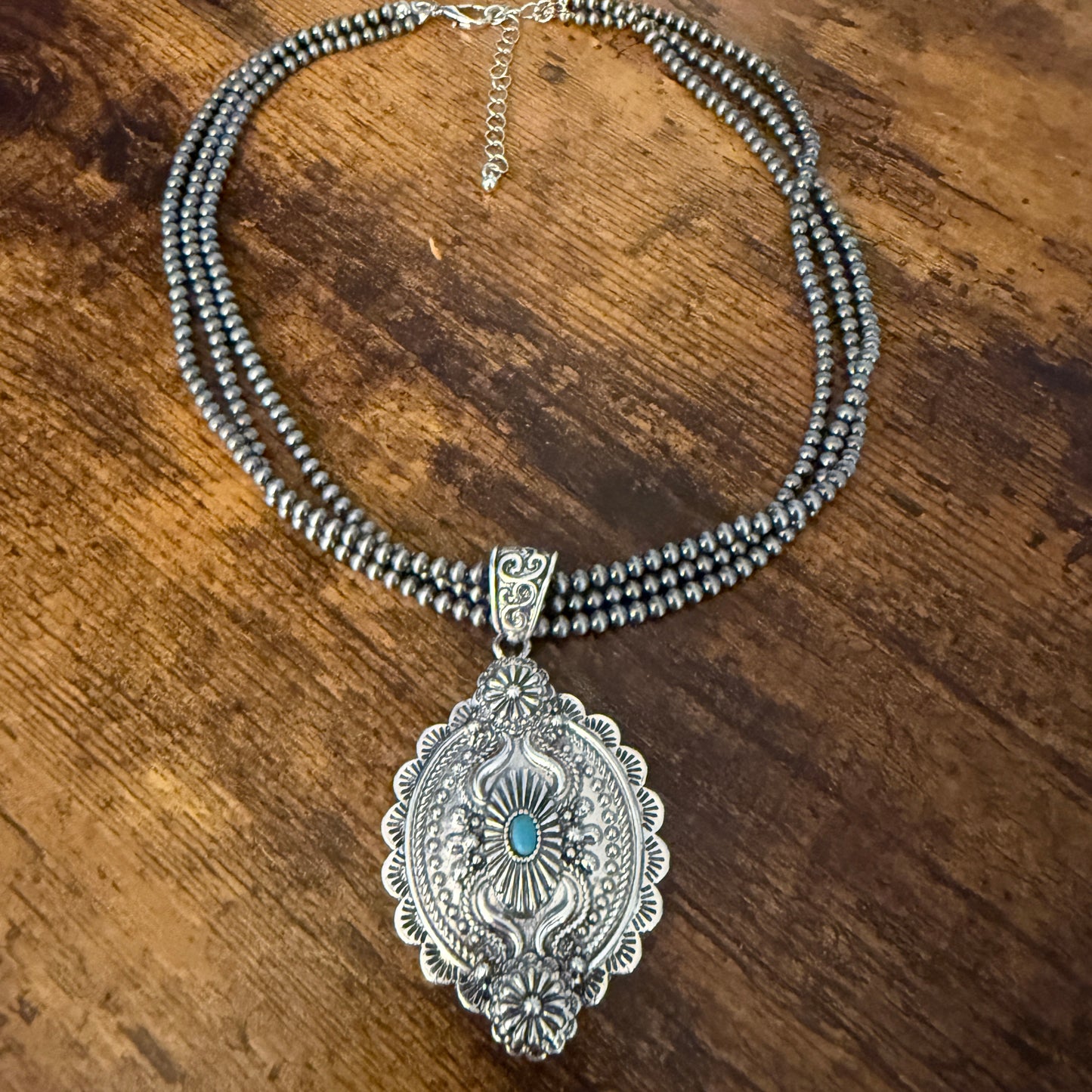 Handcrafted Three Strand 4mm Silver Pearl Choker Necklace With Turquoise Concho