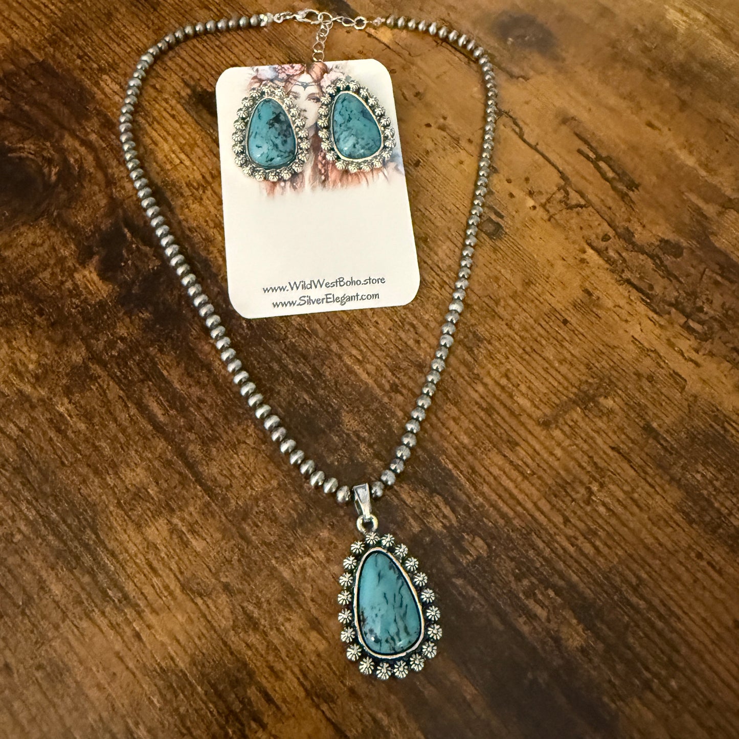 Turquoise Silver Pearls Choker Necklace With Stud Earrings Set