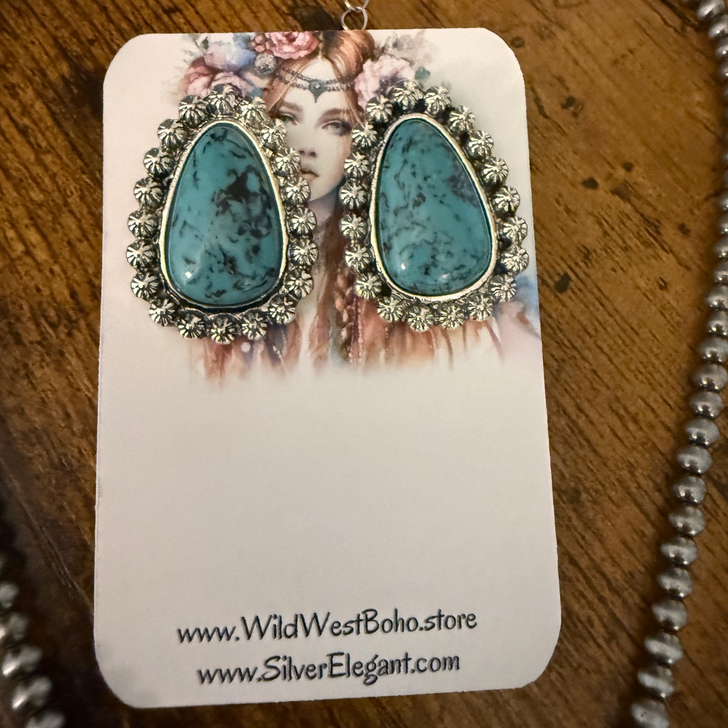 Turquoise Silver Pearls Choker Necklace With Stud Earrings Set