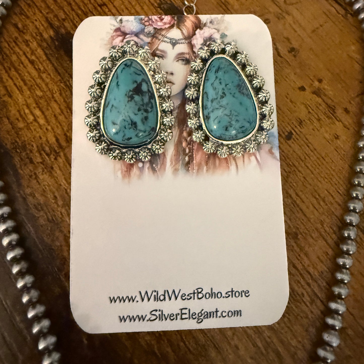 Turquoise Silver Pearls Choker Necklace With Stud Earrings Set