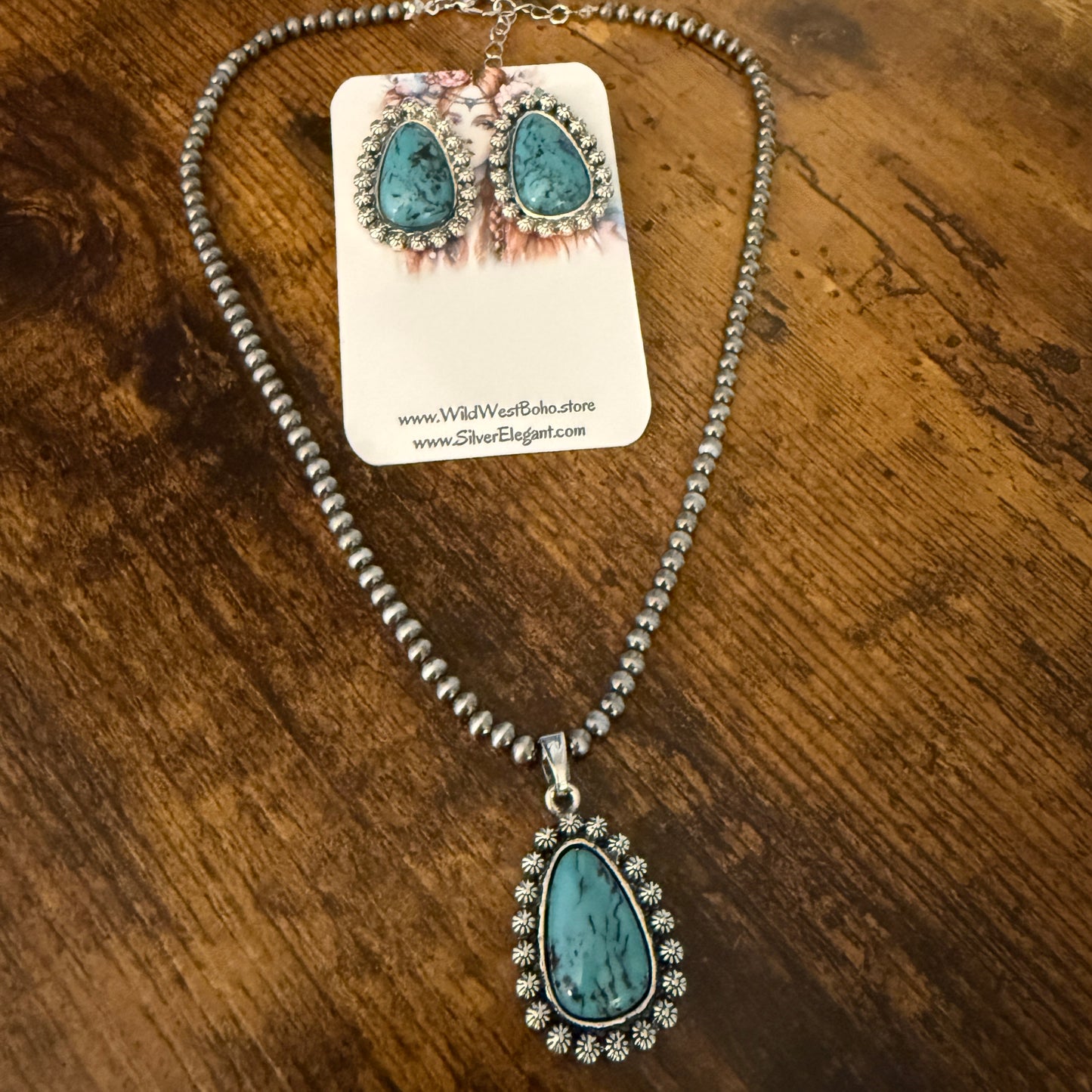 Turquoise Silver Pearls Choker Necklace With Stud Earrings Set