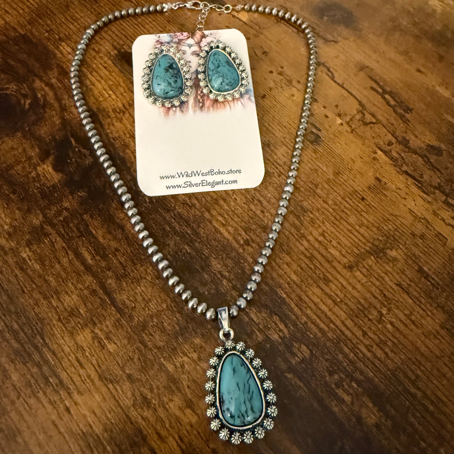 Turquoise Silver Pearls Choker Necklace With Stud Earrings Set