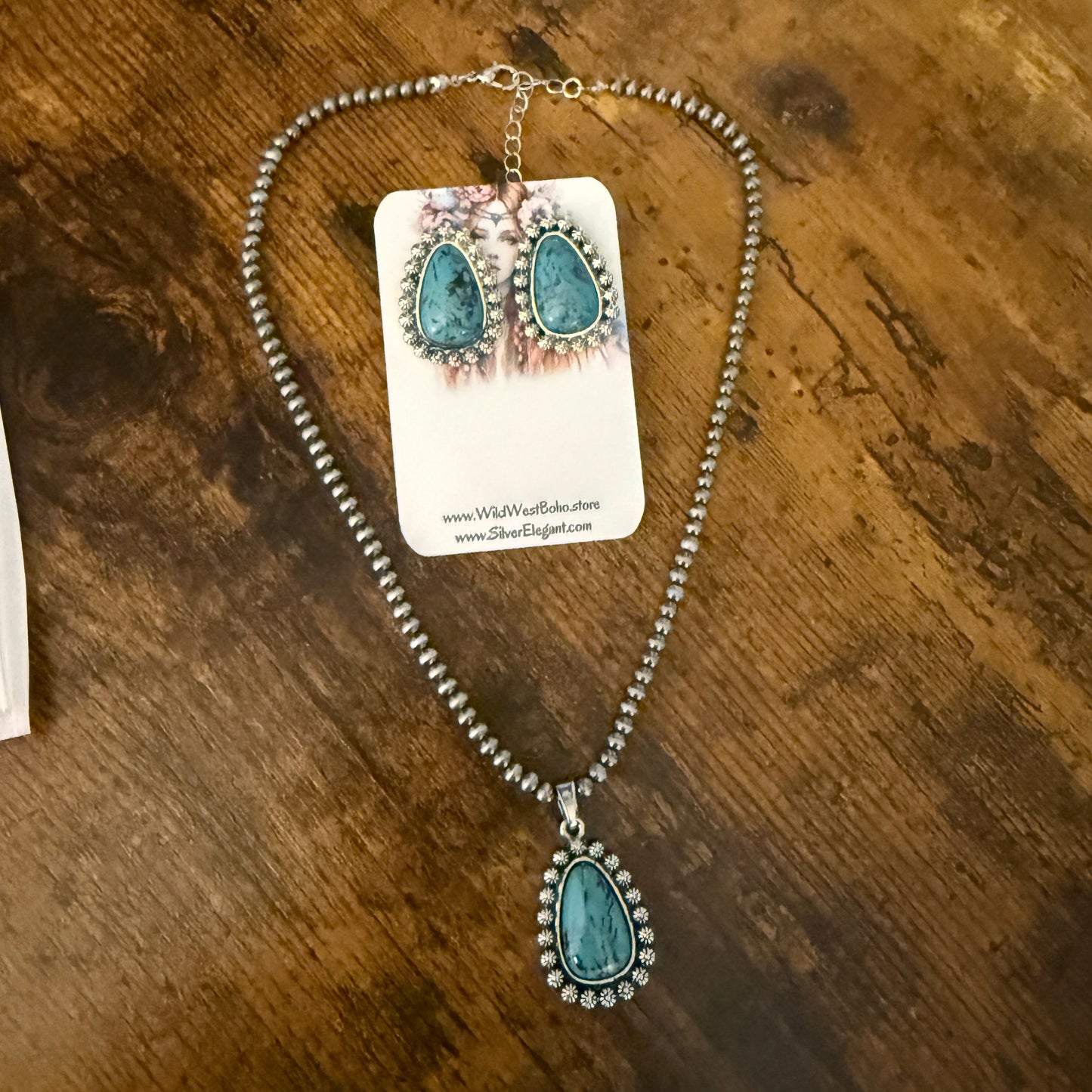 Turquoise Silver Pearls Choker Necklace With Stud Earrings Set