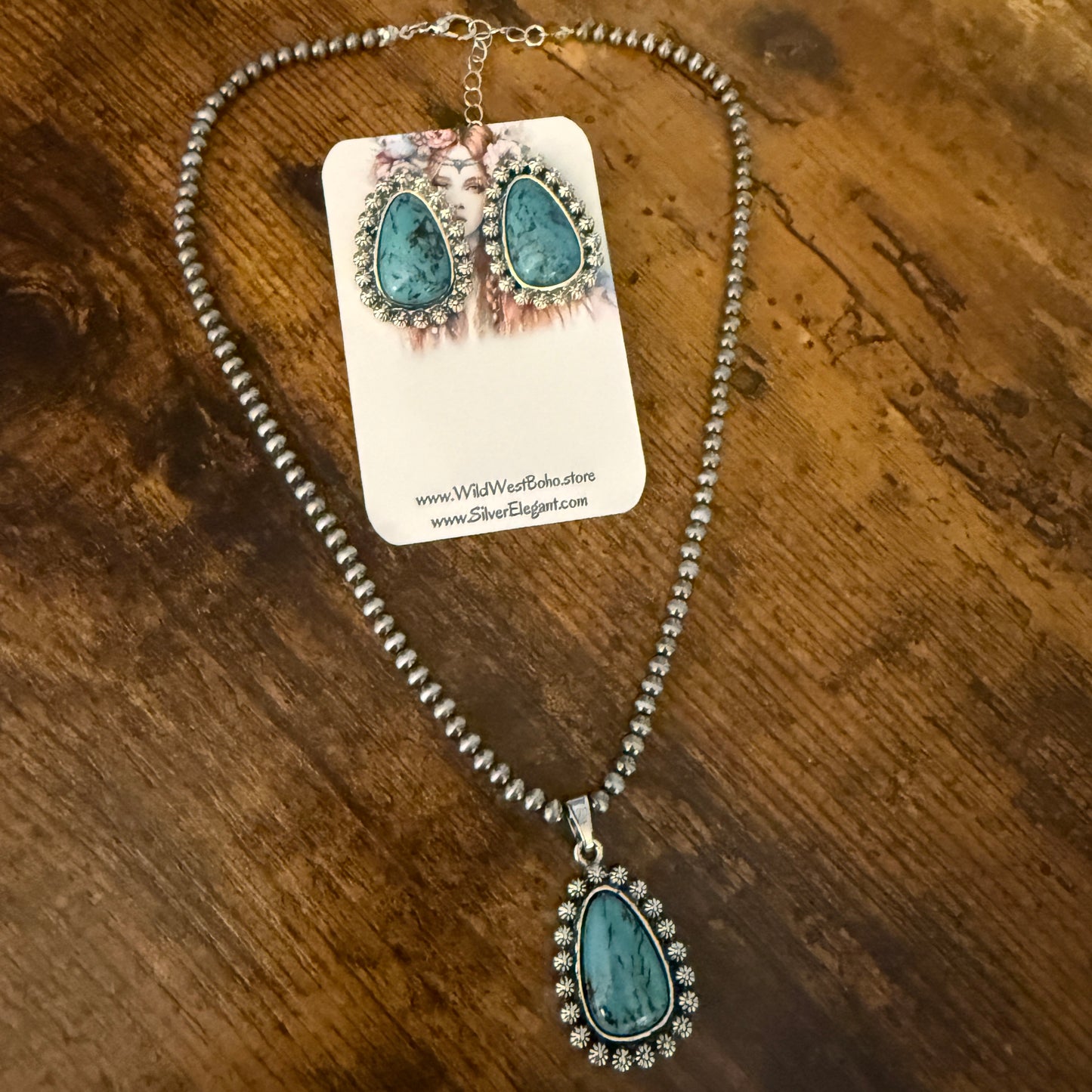 Turquoise Silver Pearls Choker Necklace With Stud Earrings Set