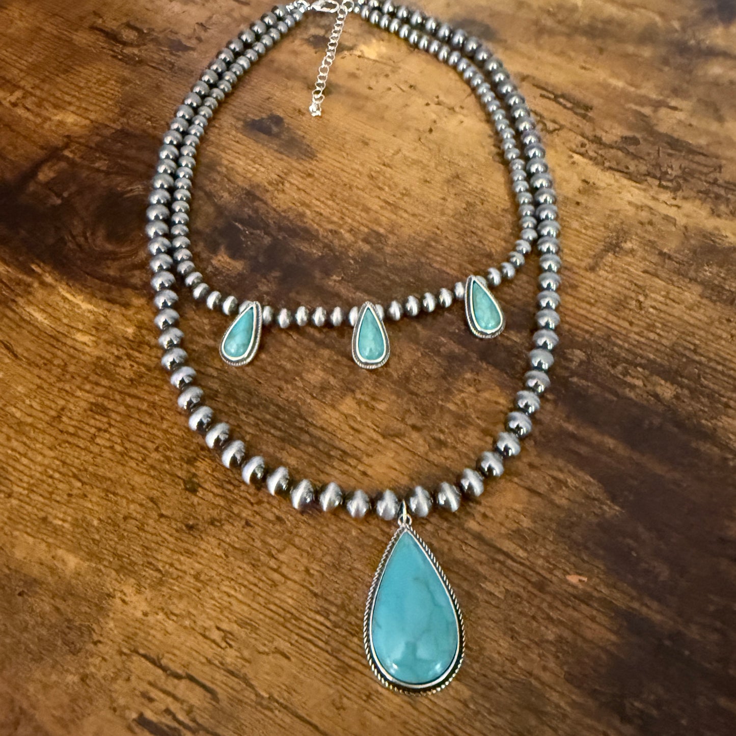 Navajo Style Turquoise Two Strand Necklace Silver Turquoise Pendant and Pearls