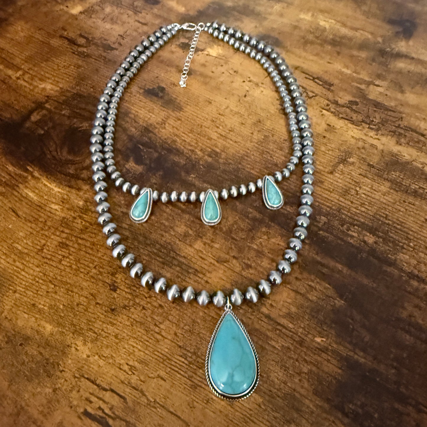 Navajo Style Turquoise Two Strand Necklace Silver Turquoise Pendant and Pearls