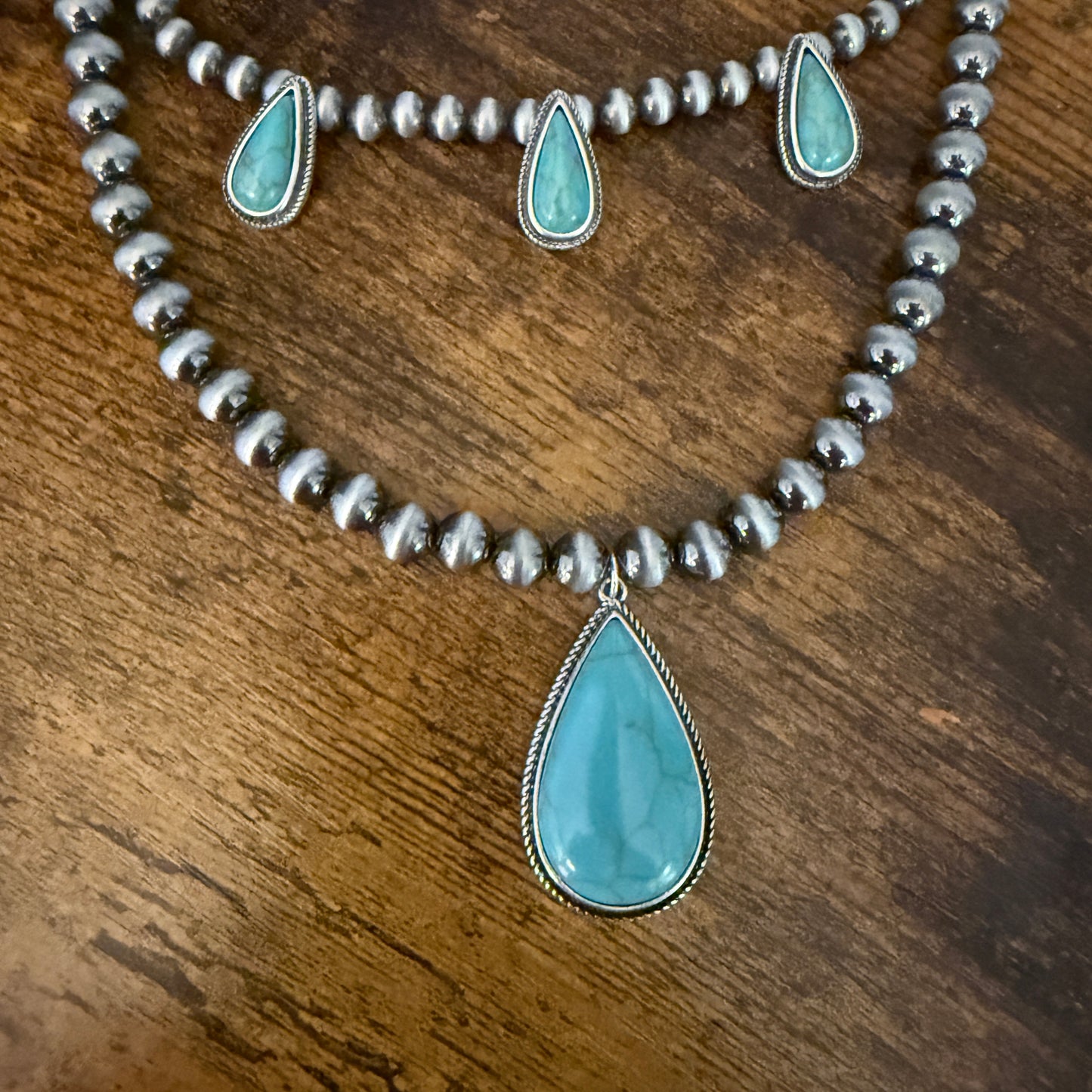 Navajo Style Turquoise Two Strand Necklace Silver Turquoise Pendant and Pearls