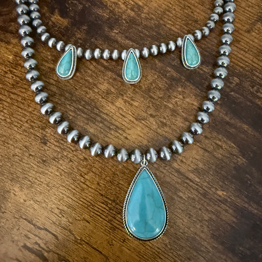 Navajo Style Turquoise Two Strand Necklace Silver Turquoise Pendant and Pearls