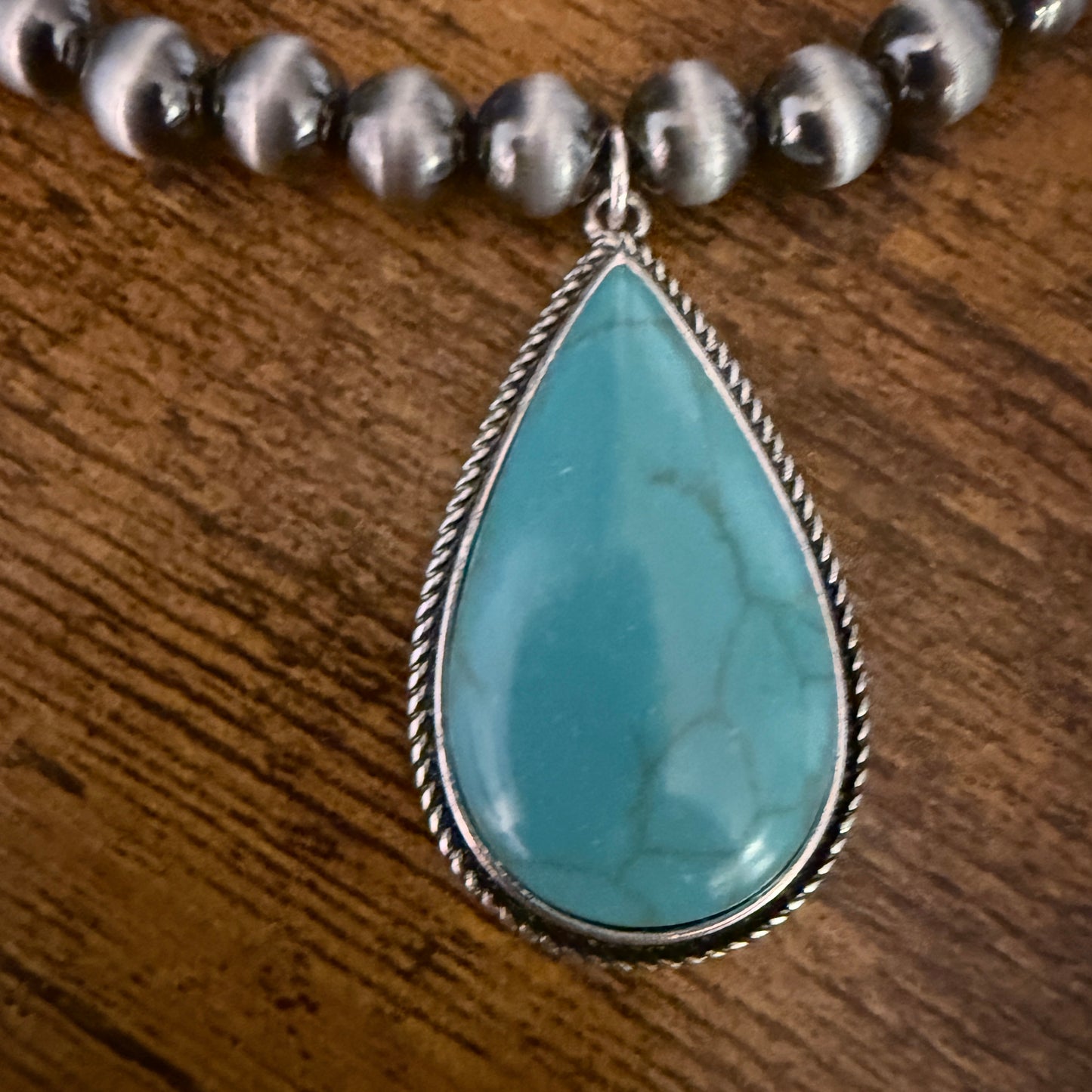 Navajo Style Turquoise Two Strand Necklace Silver Turquoise Pendant and Pearls