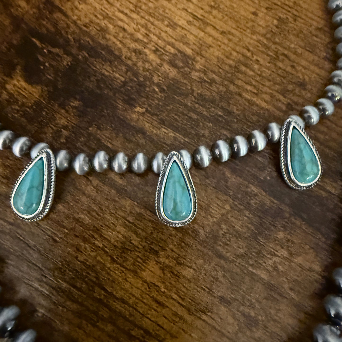 Navajo Style Turquoise Two Strand Necklace Silver Turquoise Pendant and Pearls