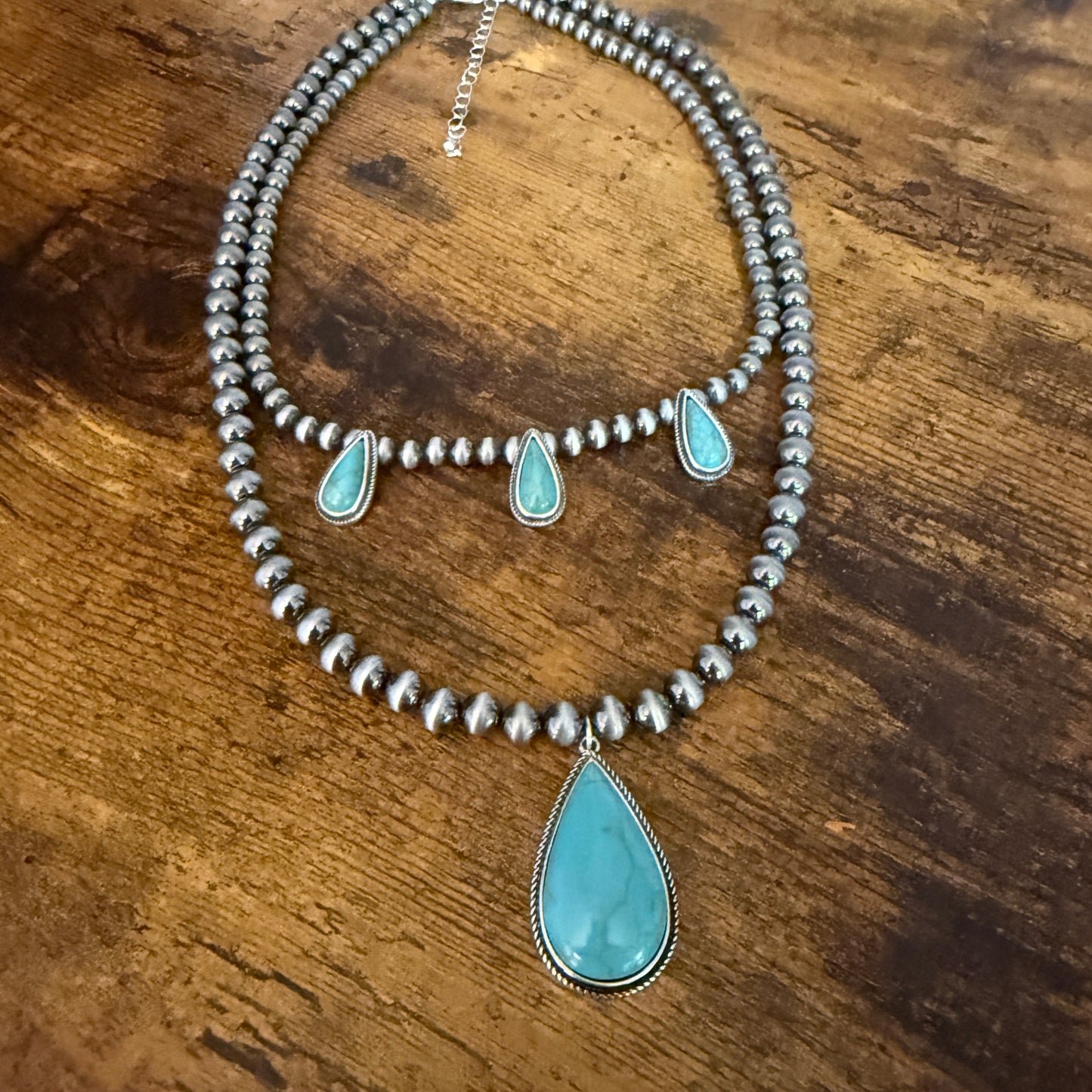 Navajo Style Turquoise Two Strand Necklace Silver Turquoise Pendant and Pearls