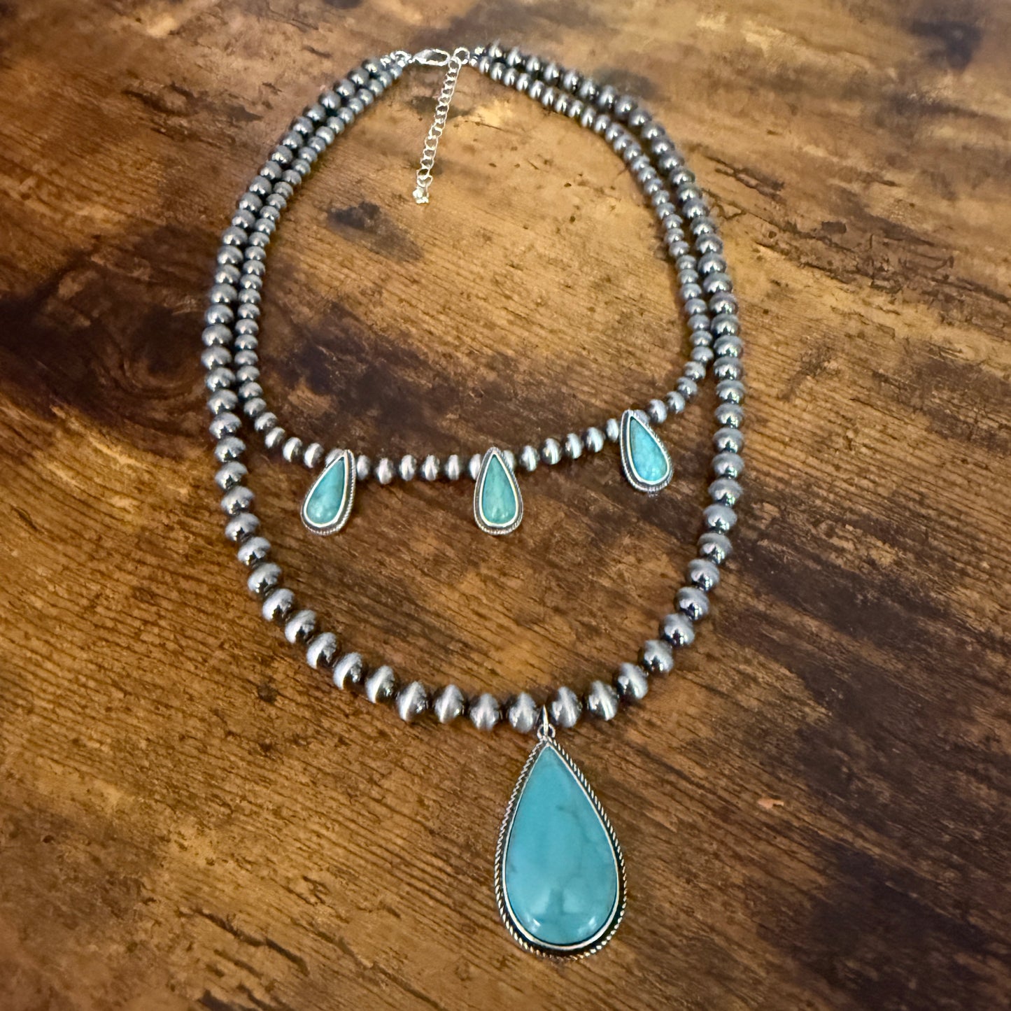 Navajo Style Turquoise Two Strand Necklace Silver Turquoise Pendant and Pearls