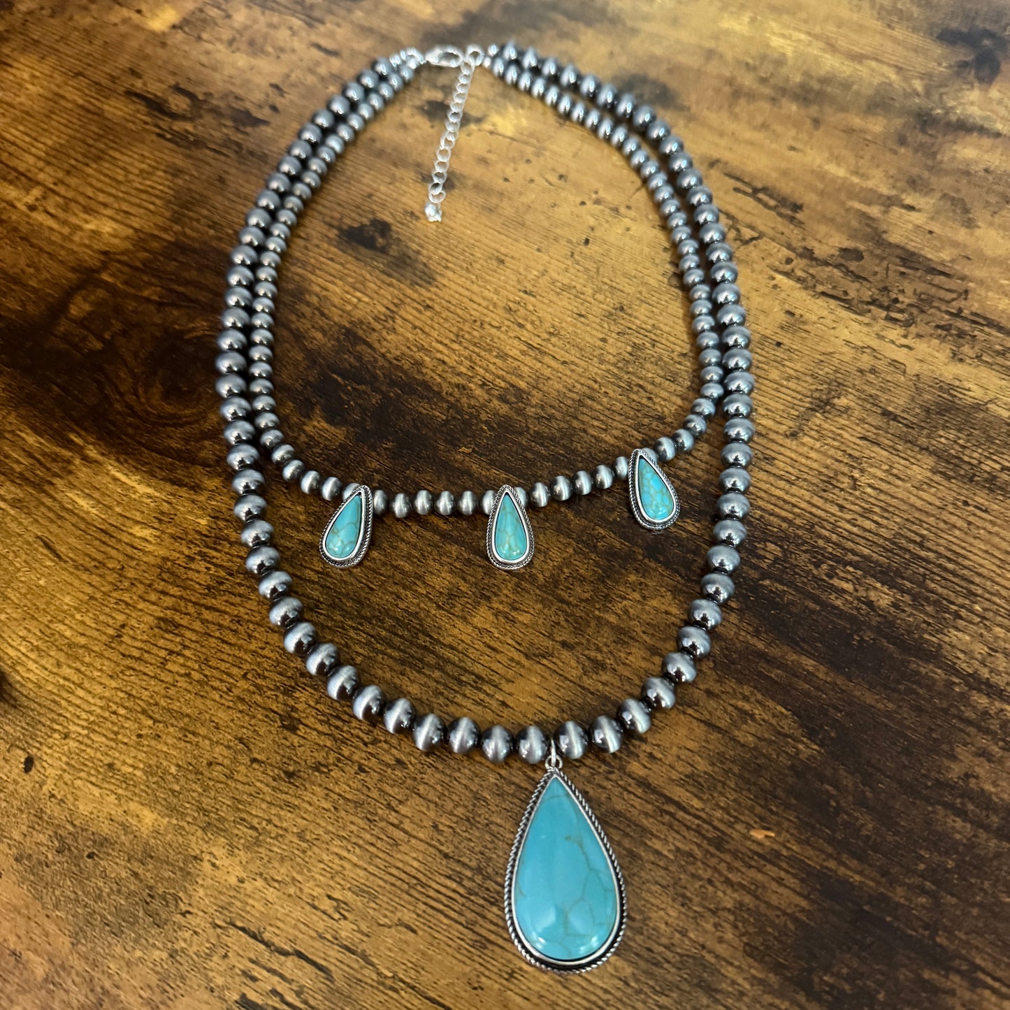 Navajo Style Turquoise Two Strand Necklace Silver Turquoise Pendant and Pearls